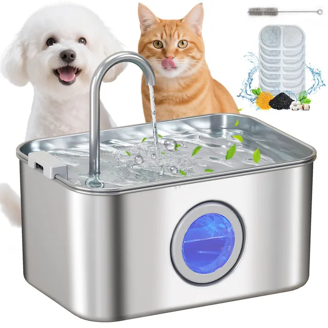 pawhut-fontaine-eau-chat-inox-3-2-l-avec-niveau-visible-et-pompe-silencieuse image 1