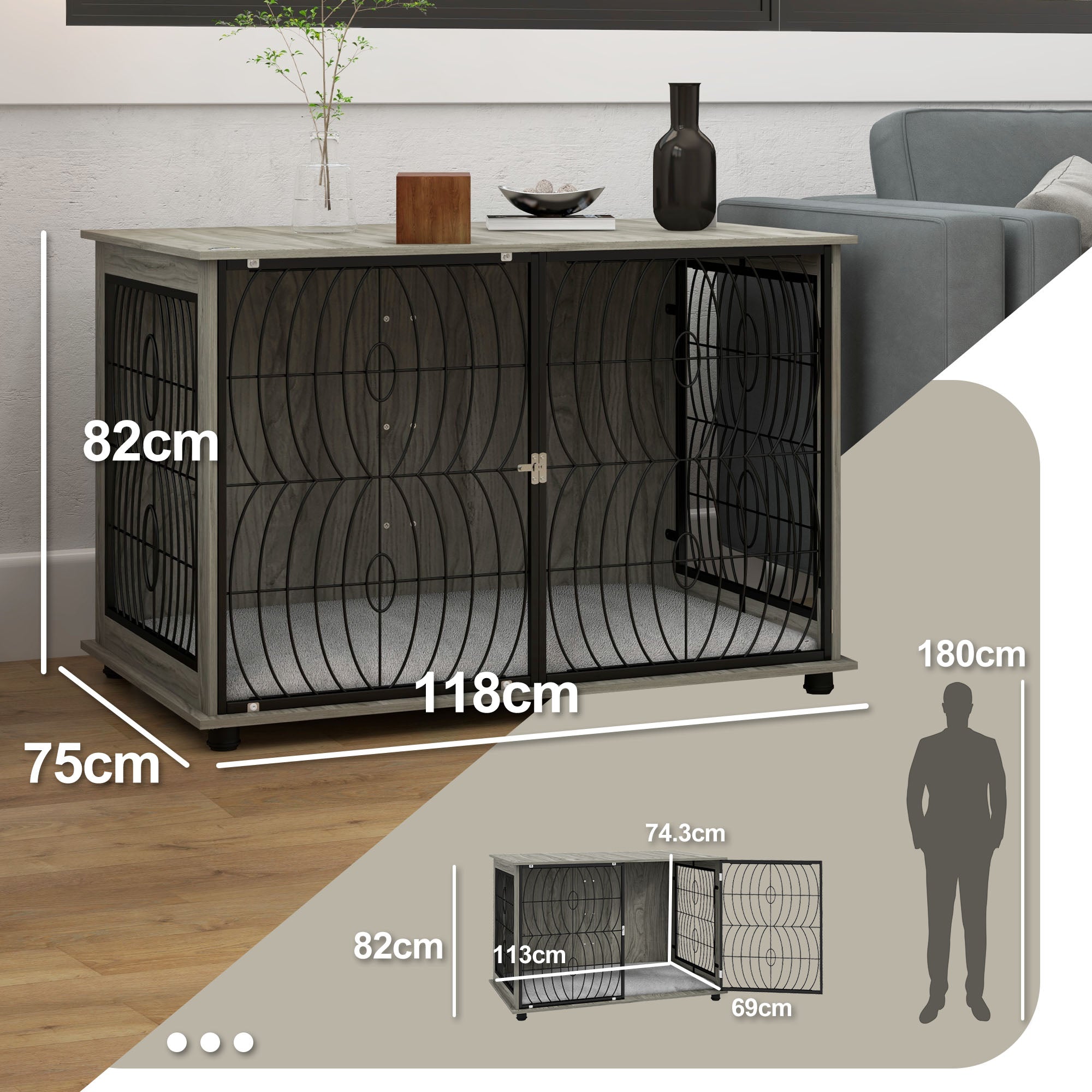 pawhut-cage-chien-table-d-appoint-118x75x82cm-avec-coussin-gris image 5