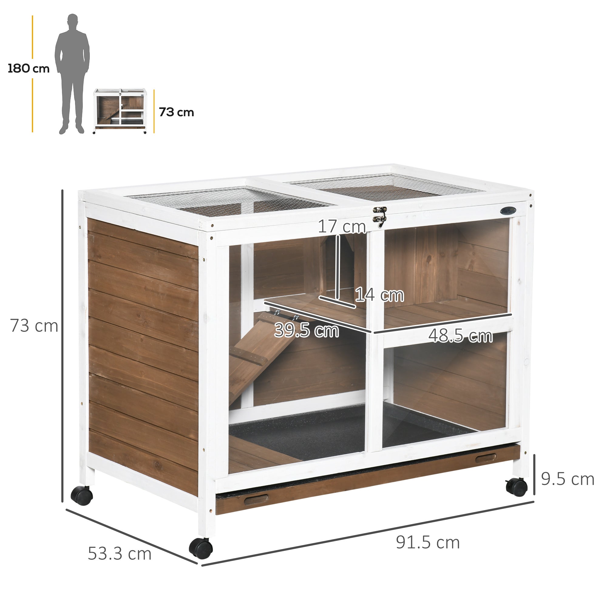pawhut-cage-mobile-en-bois-2-tages-pour-petit-animal-avec-toit-ouvrant-marron image 5