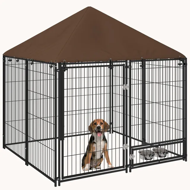 pawhut-enclos-chien-ext-rieur-140-x-140-x-152-cm-avec-auvent-et-gamelle image 1