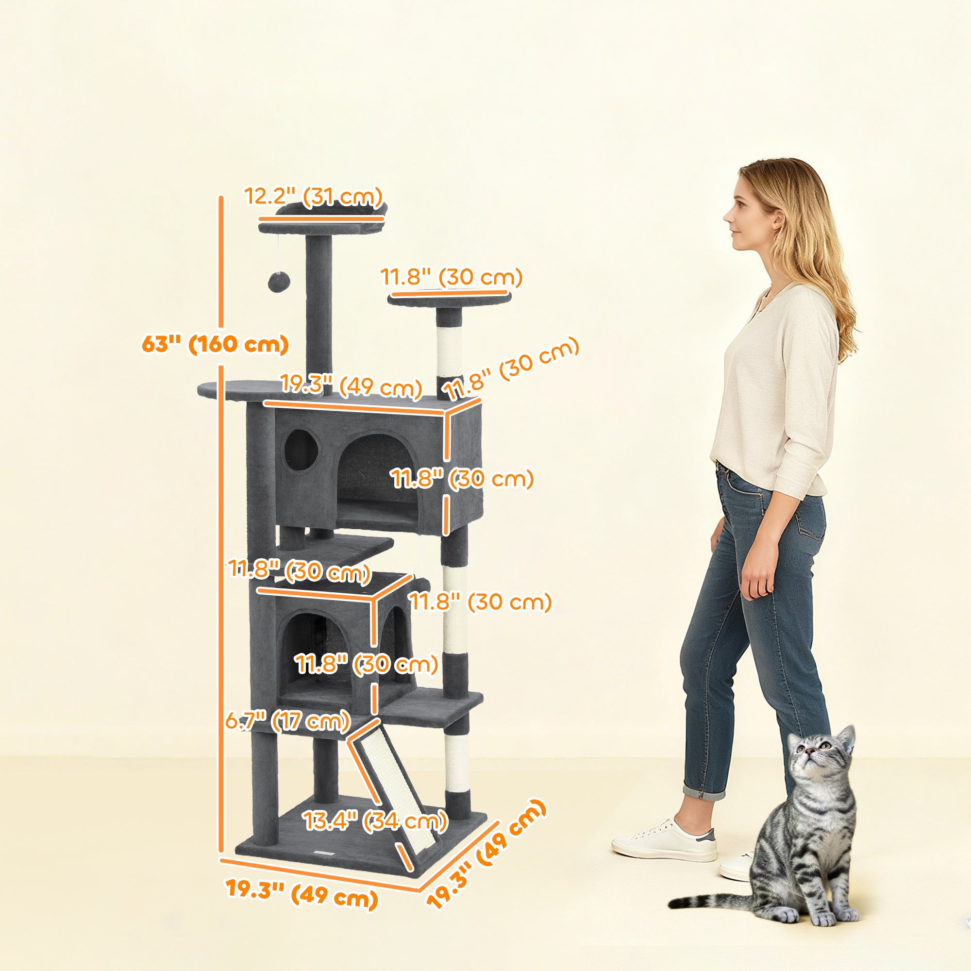 pawhut-arbre-chat-160-cm-avec-2-niches-lit-rampe-et-griffoirs-gris-fonc image 5