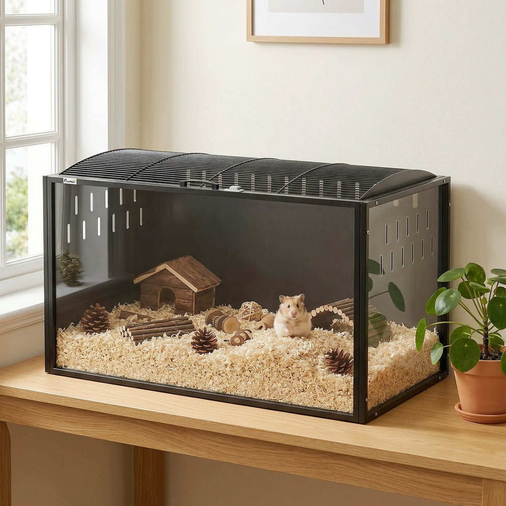 pawhut-cage-hamster-acrylique-105x51x53-cm-noire-porte-dessus image 3
