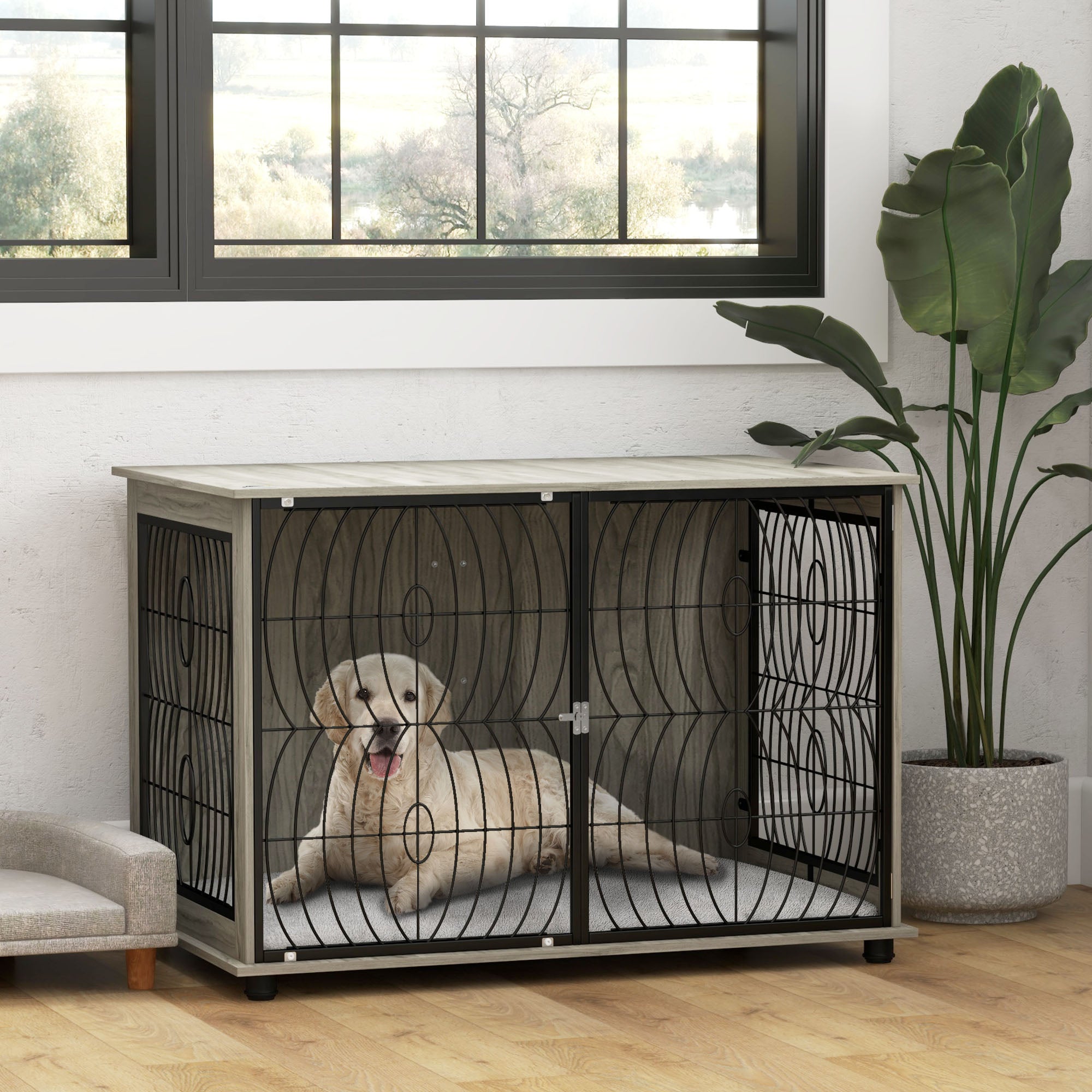 pawhut-cage-chien-table-d-appoint-118x75x82cm-avec-coussin-gris image 4