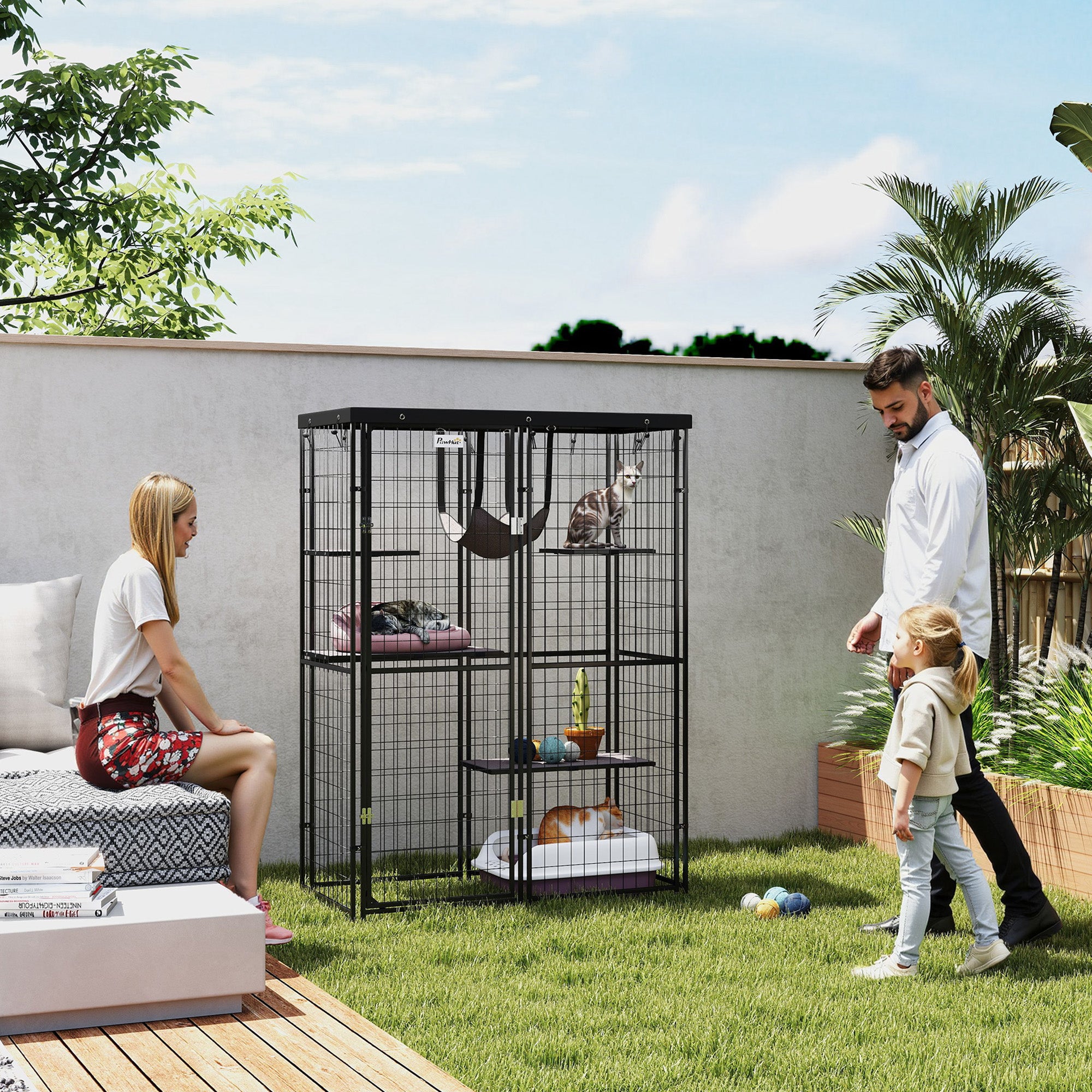 pawhut-catio-ext-rieur-m-tal-noir-avec-4-plateformes-hamac-et-b-che image 3