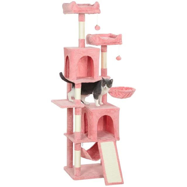 arbre-chat-pawhut-177-cm-avec-2-niches-2-perchoirs-et-hamac-rose image 1