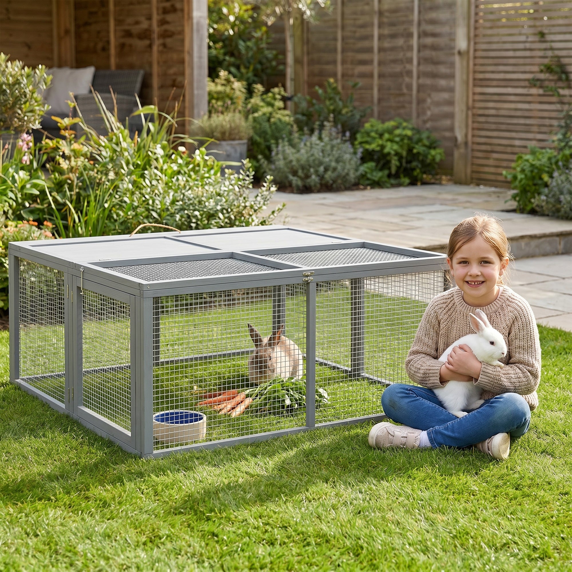 pawhut-clapier-lapin-pliable-en-bois-avec-toit-ouvrant-2-3-lapins-gris image 3