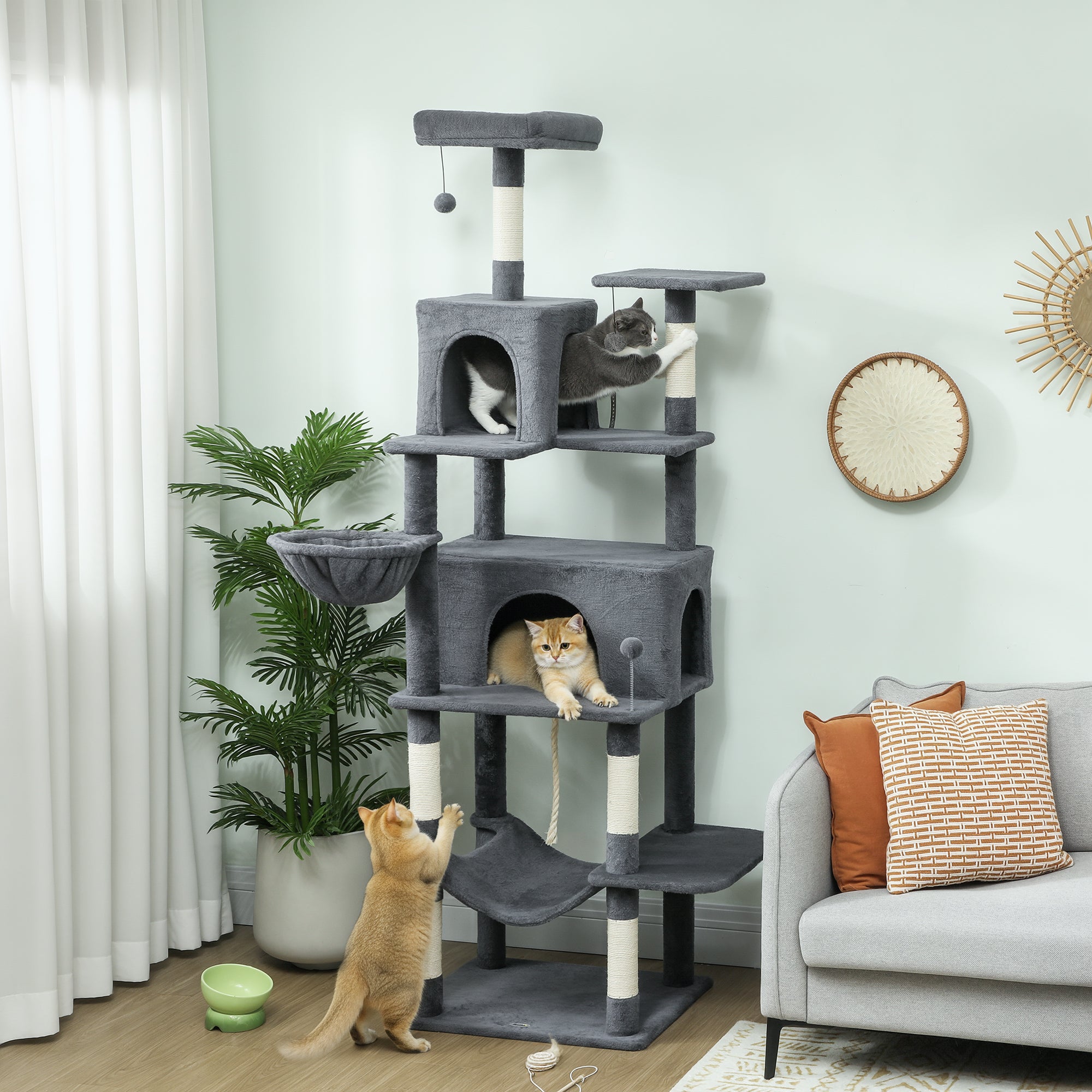 pawhut-arbre-chat-g-ant-202cm-6-griffoirs-2-niches-2-hamacs-gris-fonc image 3