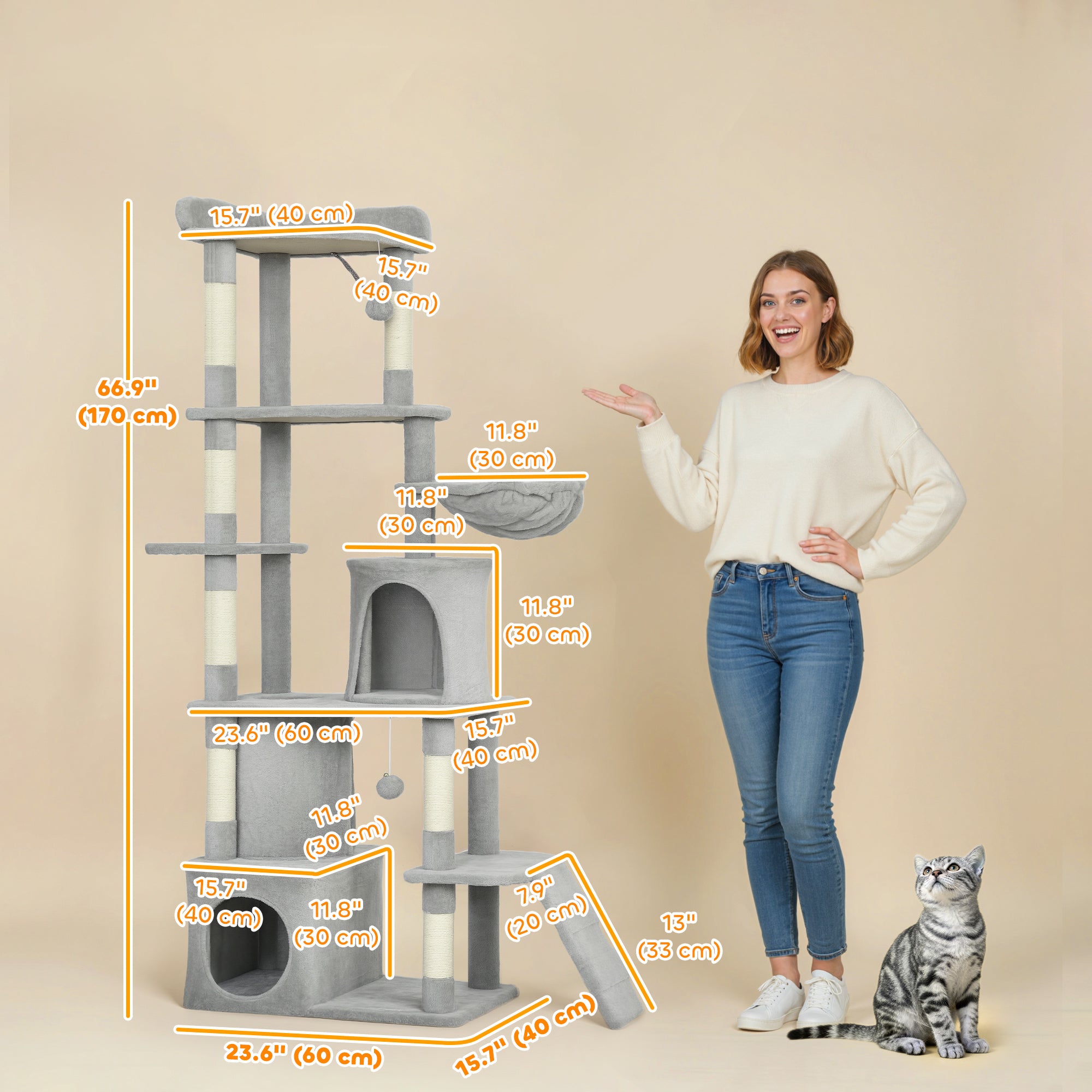 pawhut-grand-arbre-chat-170-cm-7-griffoirs-tunnel-2-niches-hamac-gris-clair image 5