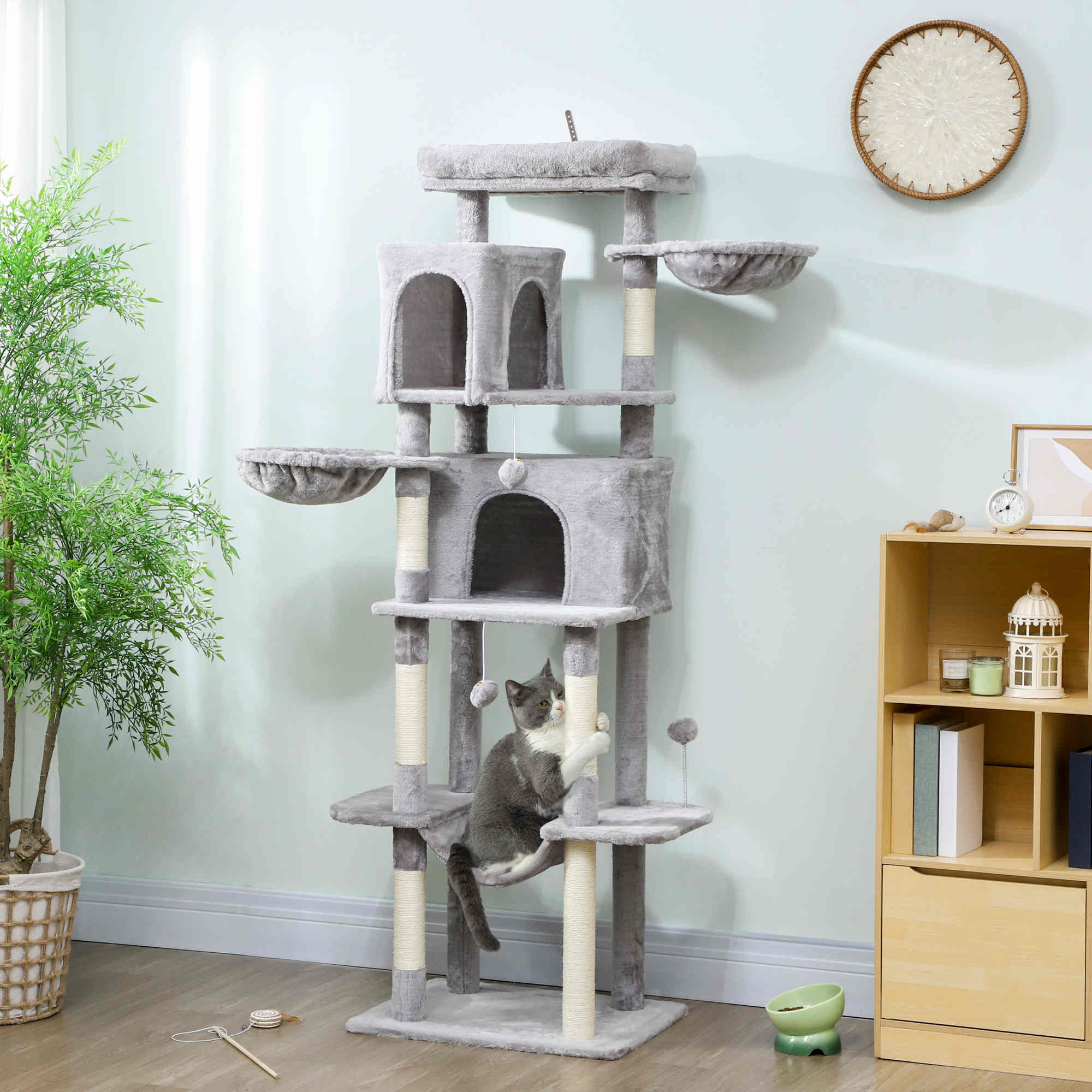 pawhut-arbre-chat-175-cm-avec-2-niches-3-hamacs-gris-clair image 4