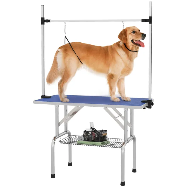 pawhut-table-de-toilettage-chien-43-avec-bras-r-glable-8-32-dessus-caoutchouc-bl image 1