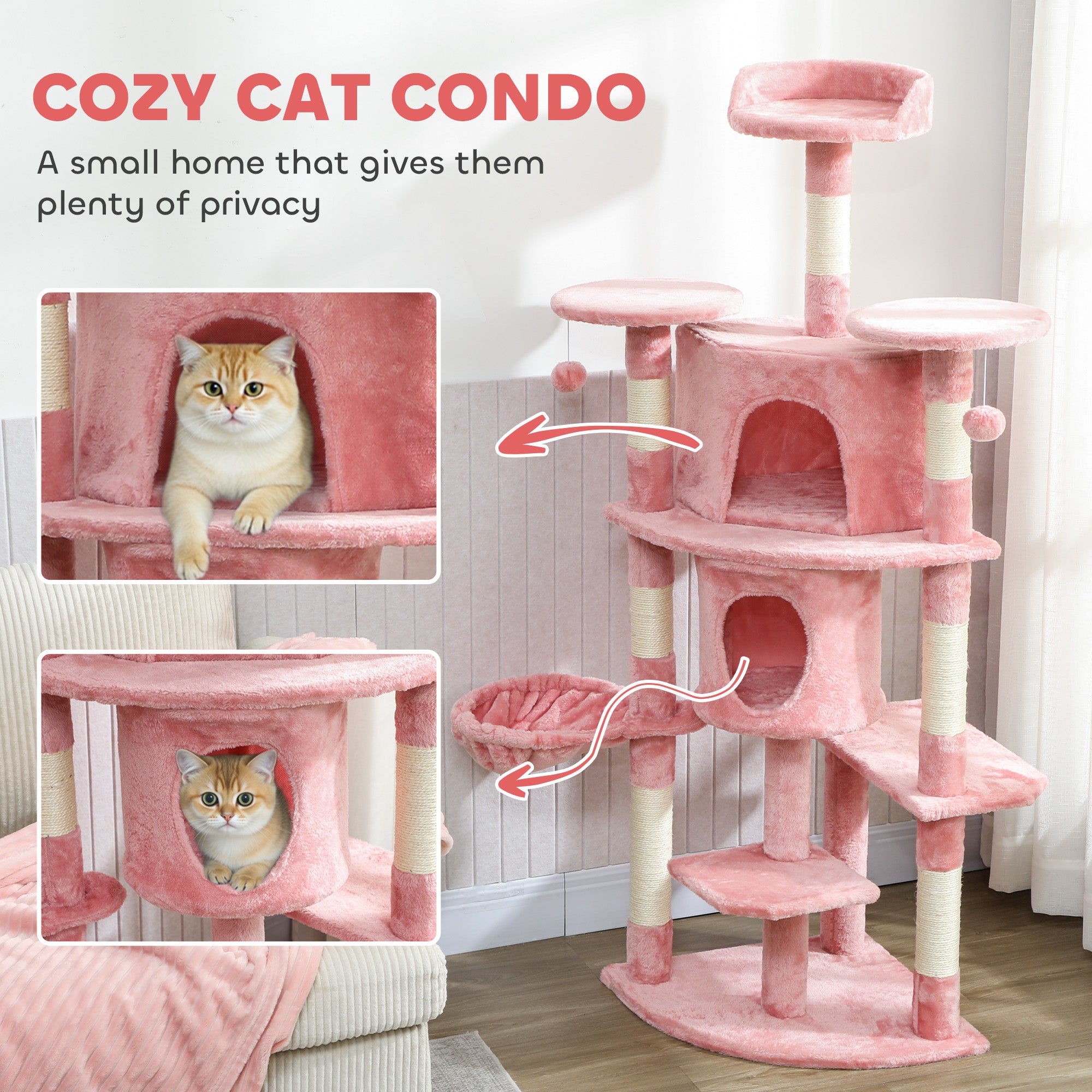 pawhut-arbre-chat-157-cm-avec-2-niches-hamac-et-perchoirs-rose image 7