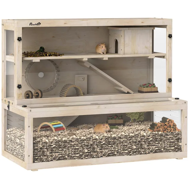pawhut-cage-hamster-bois-100-x-50-x-84-cm-3-tages-avec-roue-et-rampes image 1