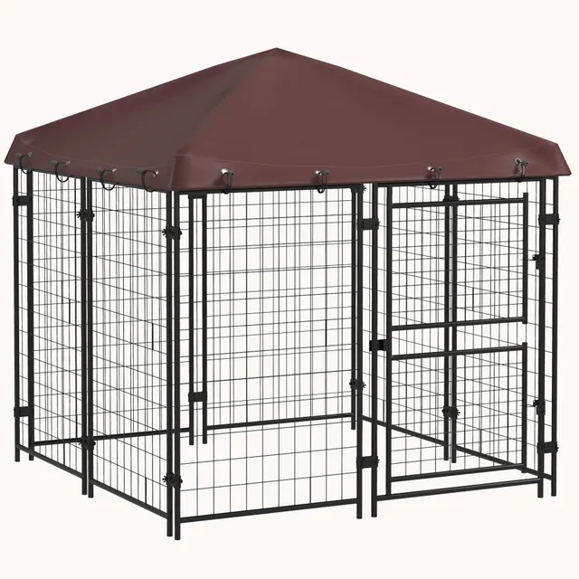 pawhut-chenil-ext-rieur-tanche-140-x-140-x-152-cm-double-porte-pour-chiens-marro image 1