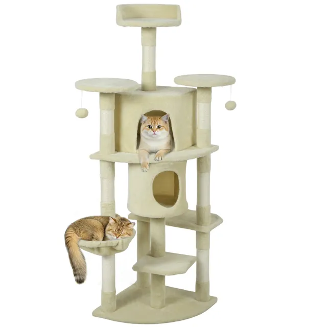 pawhut-arbre-chat-157-cm-2-niches-hamac-et-perchoirs-beige image 1