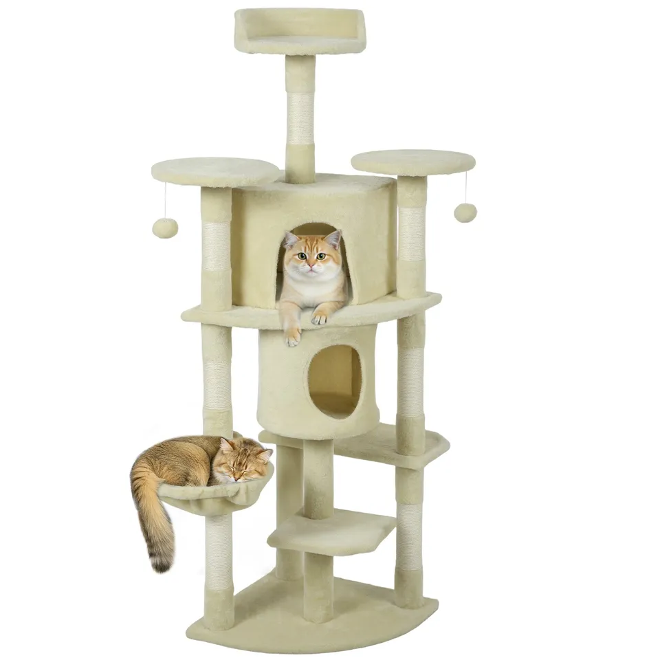 pawhut-arbre-chat-157-cm-2-niches-hamac-et-perchoirs-beige image 1