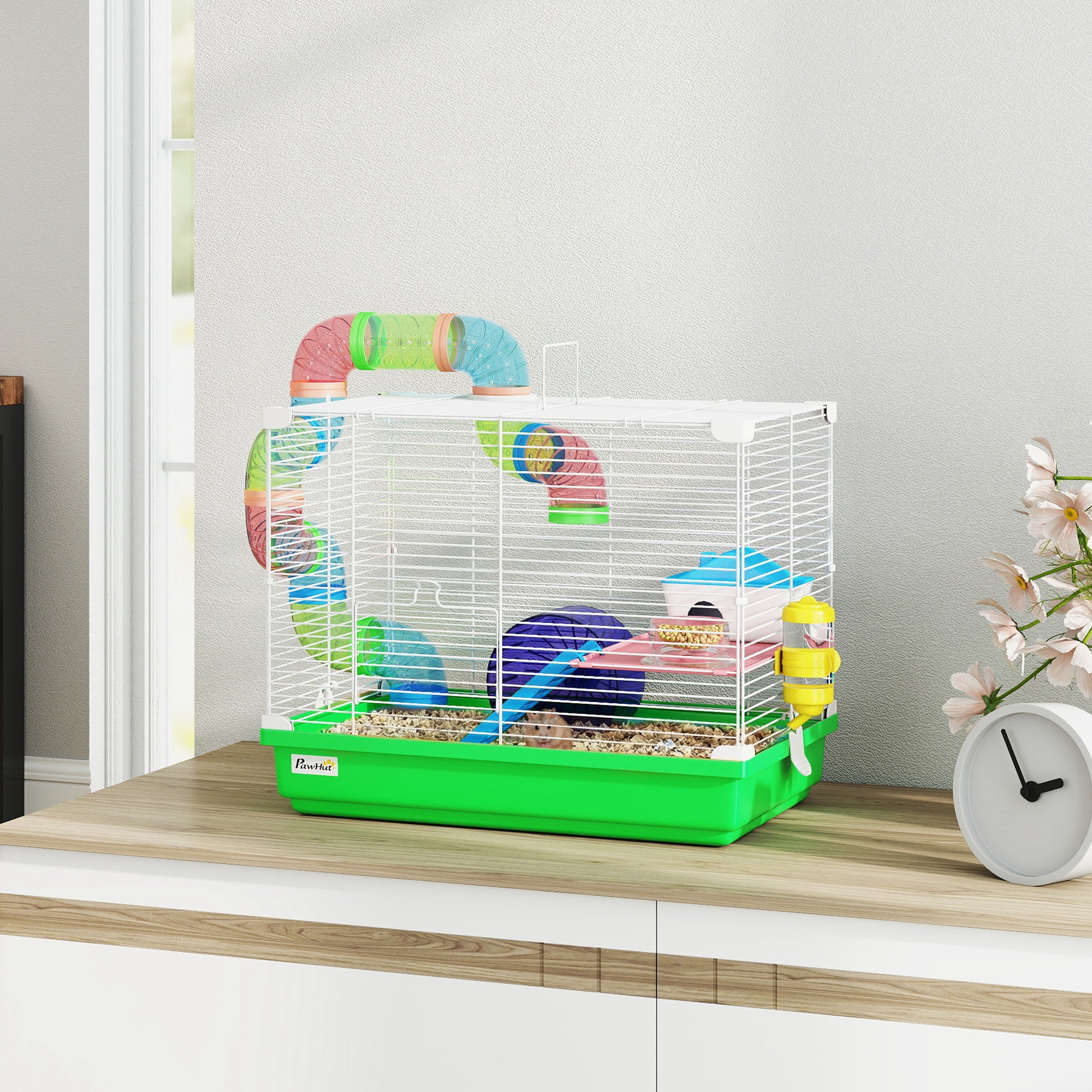 pawhut-cage-hamster-2-tages-avec-roue-tunnel-et-poign-e-verte image 4