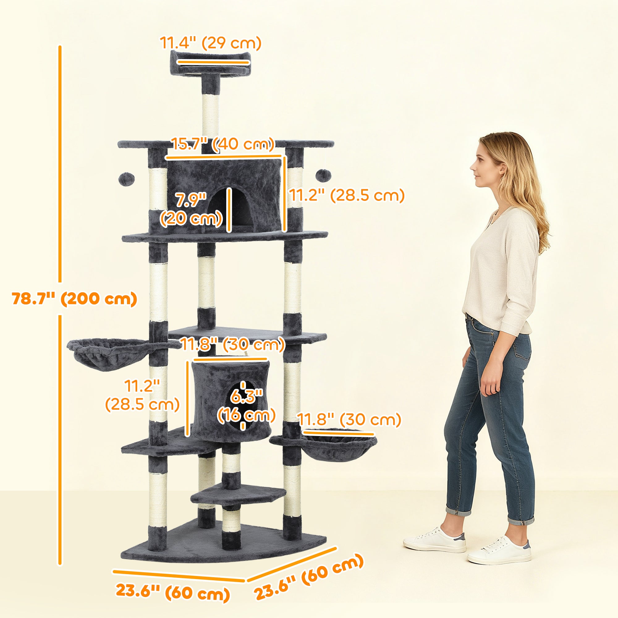 pawhut-arbre-chat-200-cm-avec-niche-2-hamacs-et-griffoirs-gris-fonc image 5