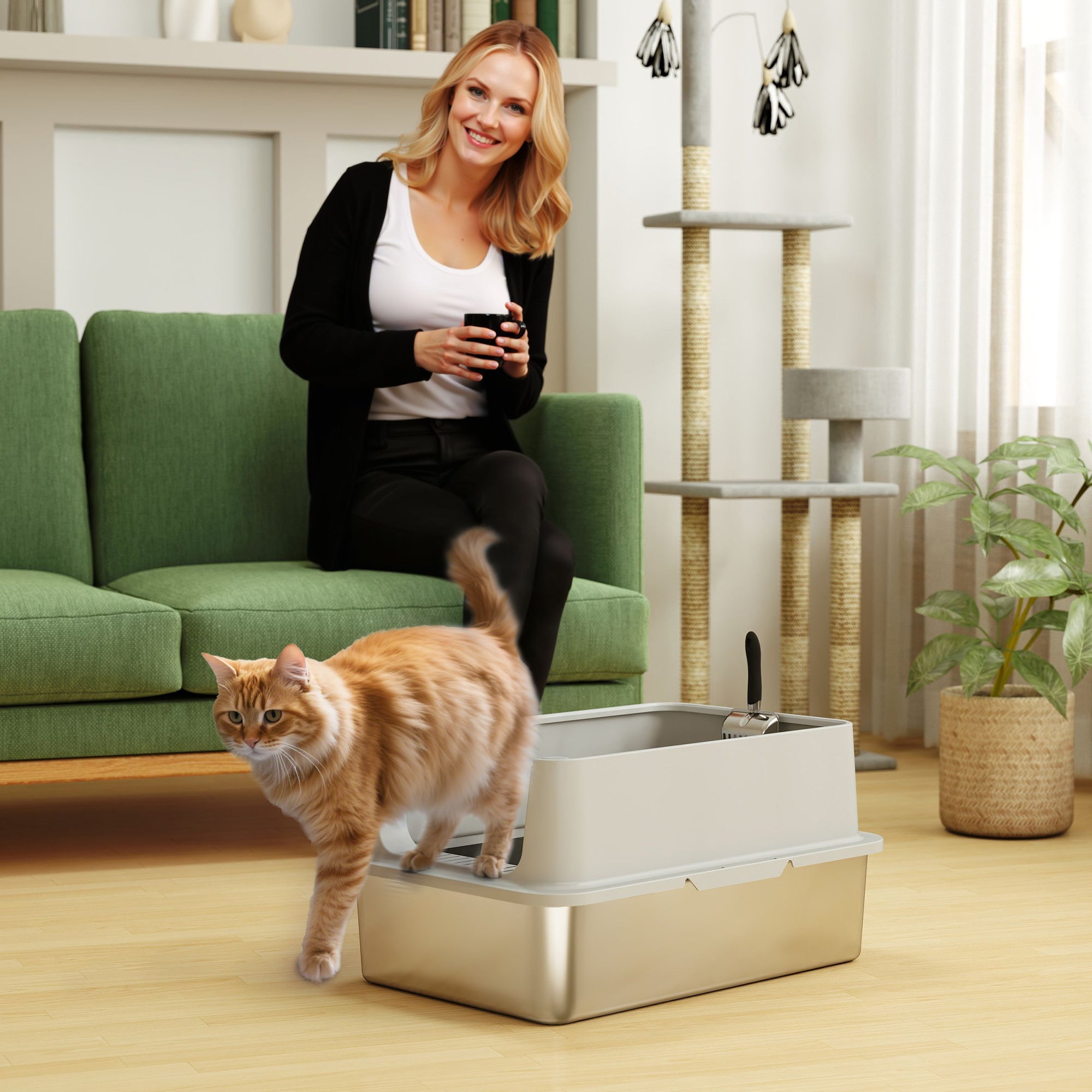 pawhut-bac-liti-re-chat-xl-inox-avec-pelle-et-marche-avant-gris image 4