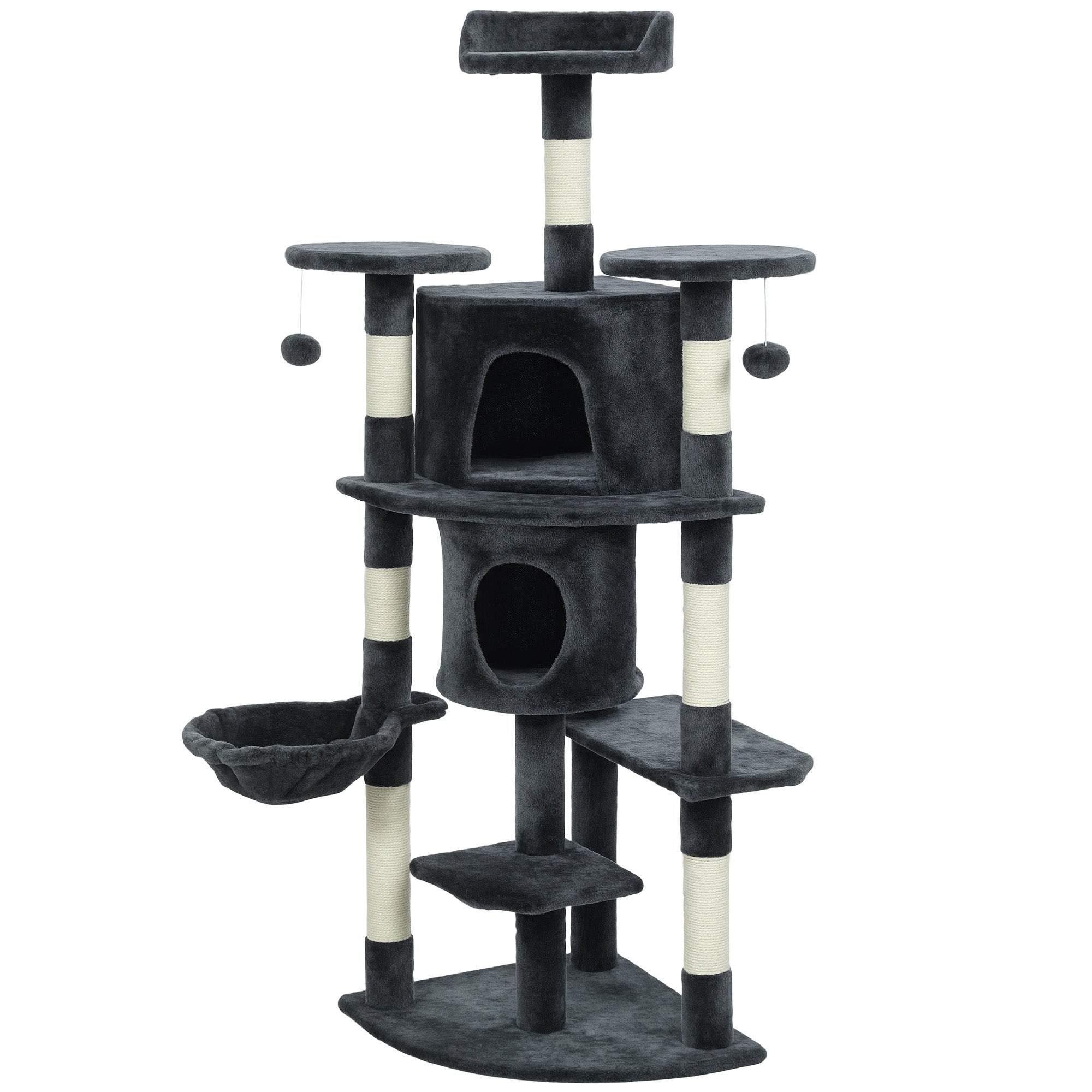 pawhut-arbre-chat-62-pouces-157-cm-avec-2-niches-hamac-et-perchoirs-gris-fonc image 2