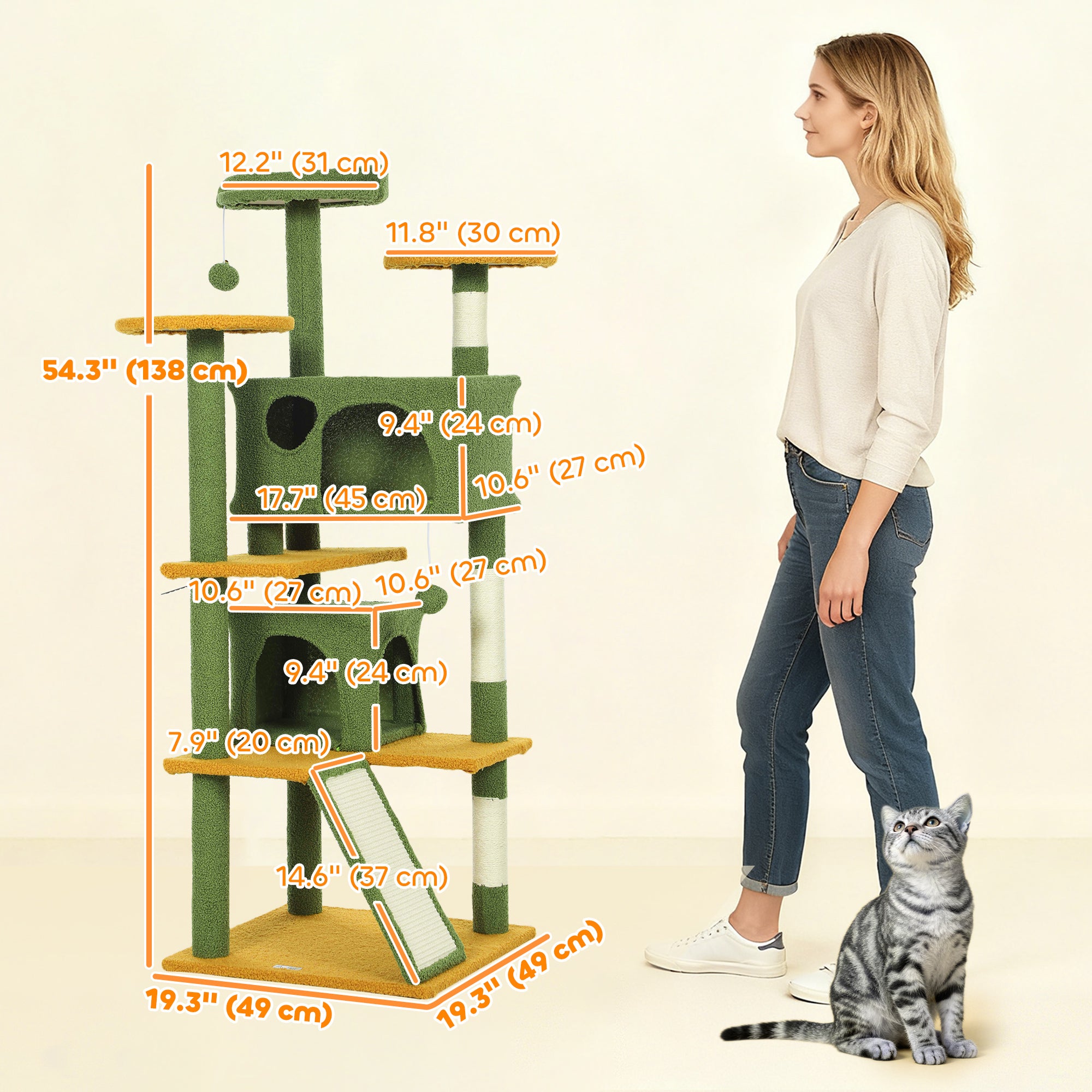 pawhut-arbre-chat-137-cm-54-vert-avec-niches-hamac-rampe-et-griffoirs-sisal image 5