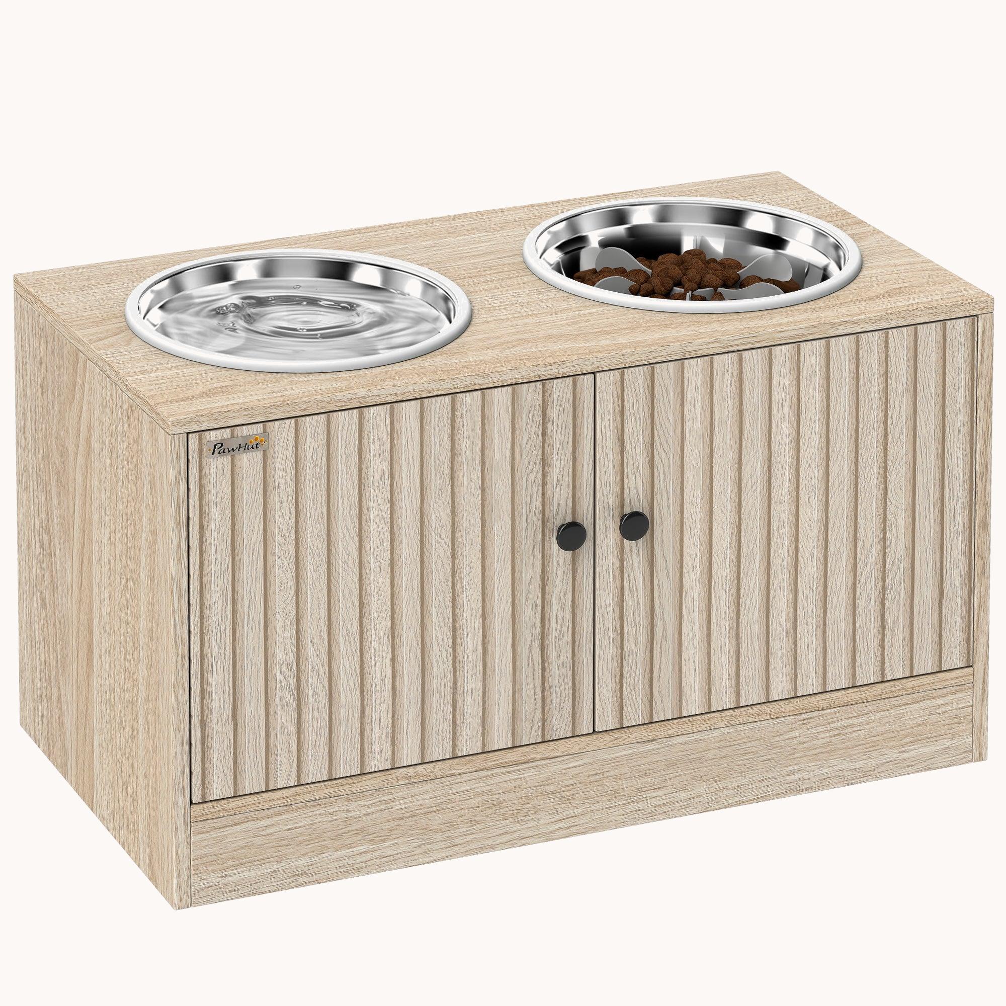 pawhut-gamelle-chien-sur-lev-e-avec-meuble-2-bols-inox-ralentisseur-ch-ne image 1