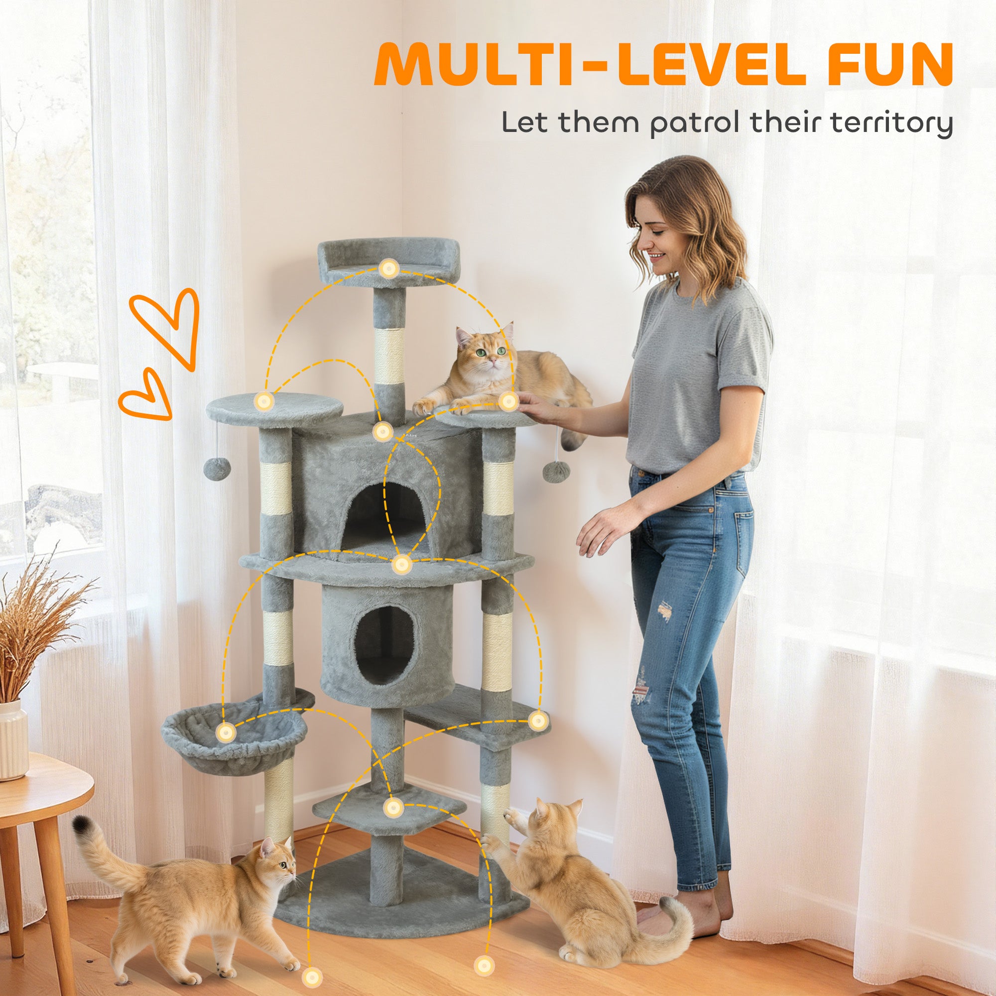 pawhut-arbre-chat-157-cm-62-avec-2-niches-hamac-et-perchoirs-gris-clair image 6