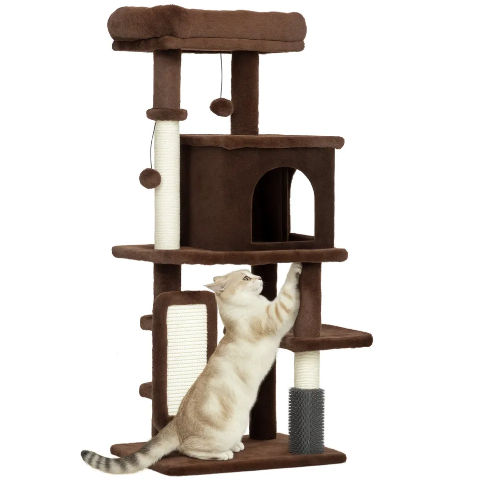 pawhut-arbre-chat-104-cm-avec-niche-hamac-et-griffoirs-marron image 1