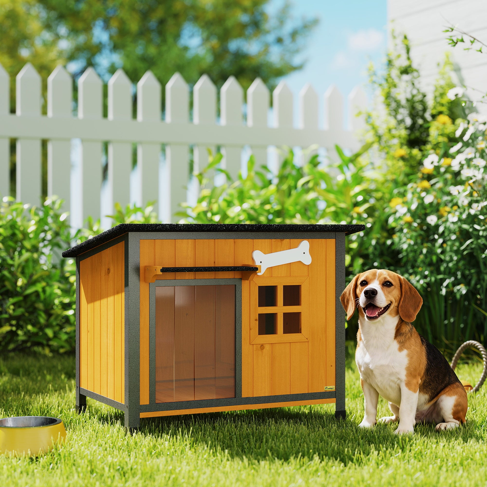 pawhut-niche-chien-bois-et-acier-toit-ouvrable-jaune image 4
