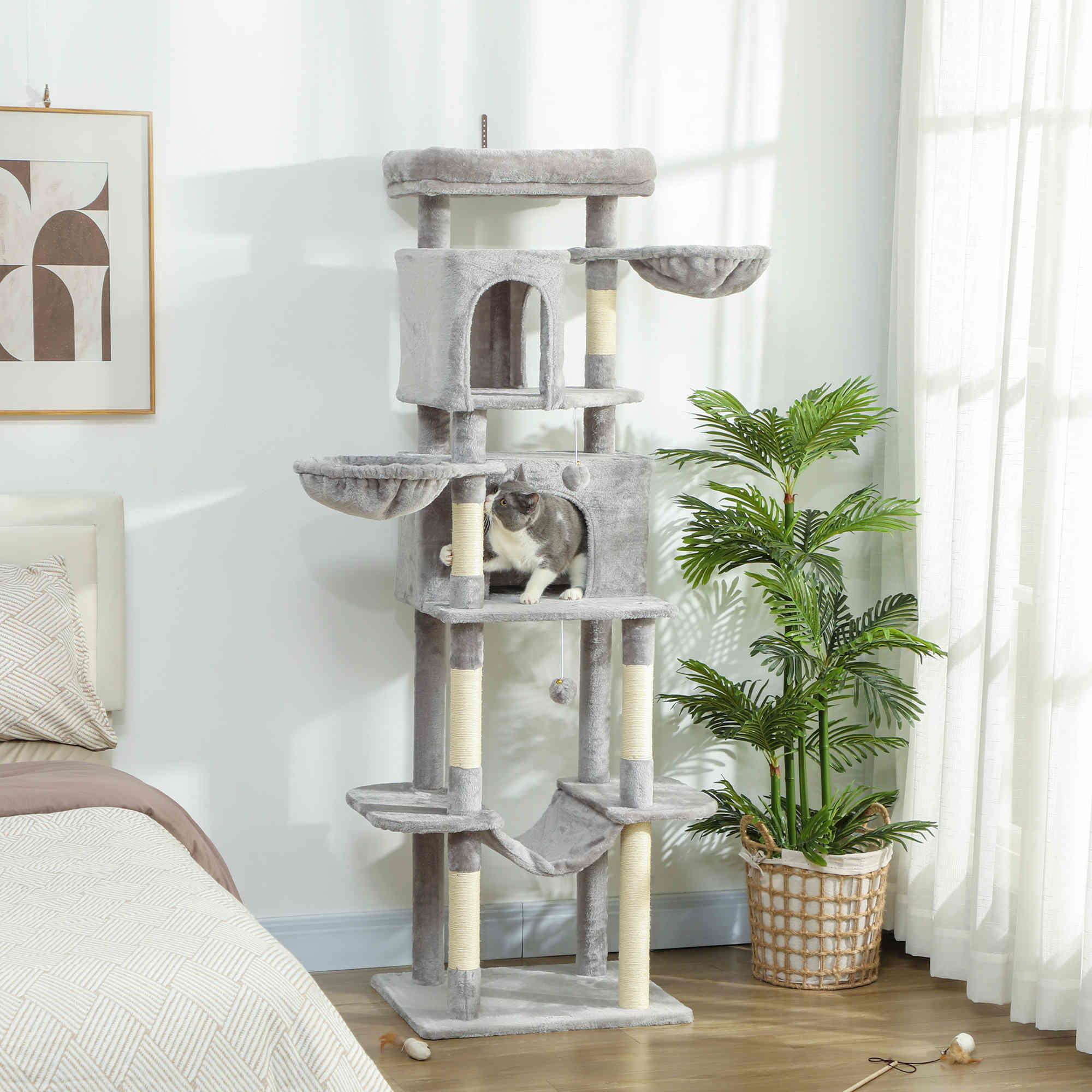 pawhut-arbre-chat-175-cm-avec-2-niches-3-hamacs-gris-clair image 3