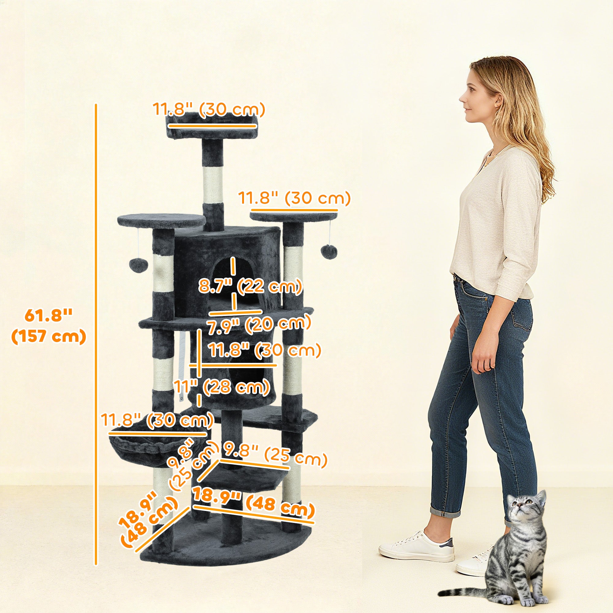 pawhut-arbre-chat-62-pouces-157-cm-avec-2-niches-hamac-et-perchoirs-gris-fonc image 5