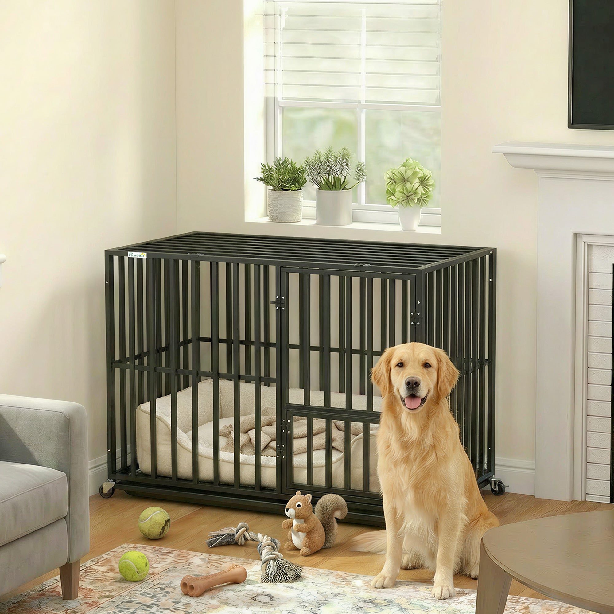 pawhut-cage-chien-robuste-roulettes-avec-plateau-et-dessus-ouvert-95x57x81-cm-no image 4