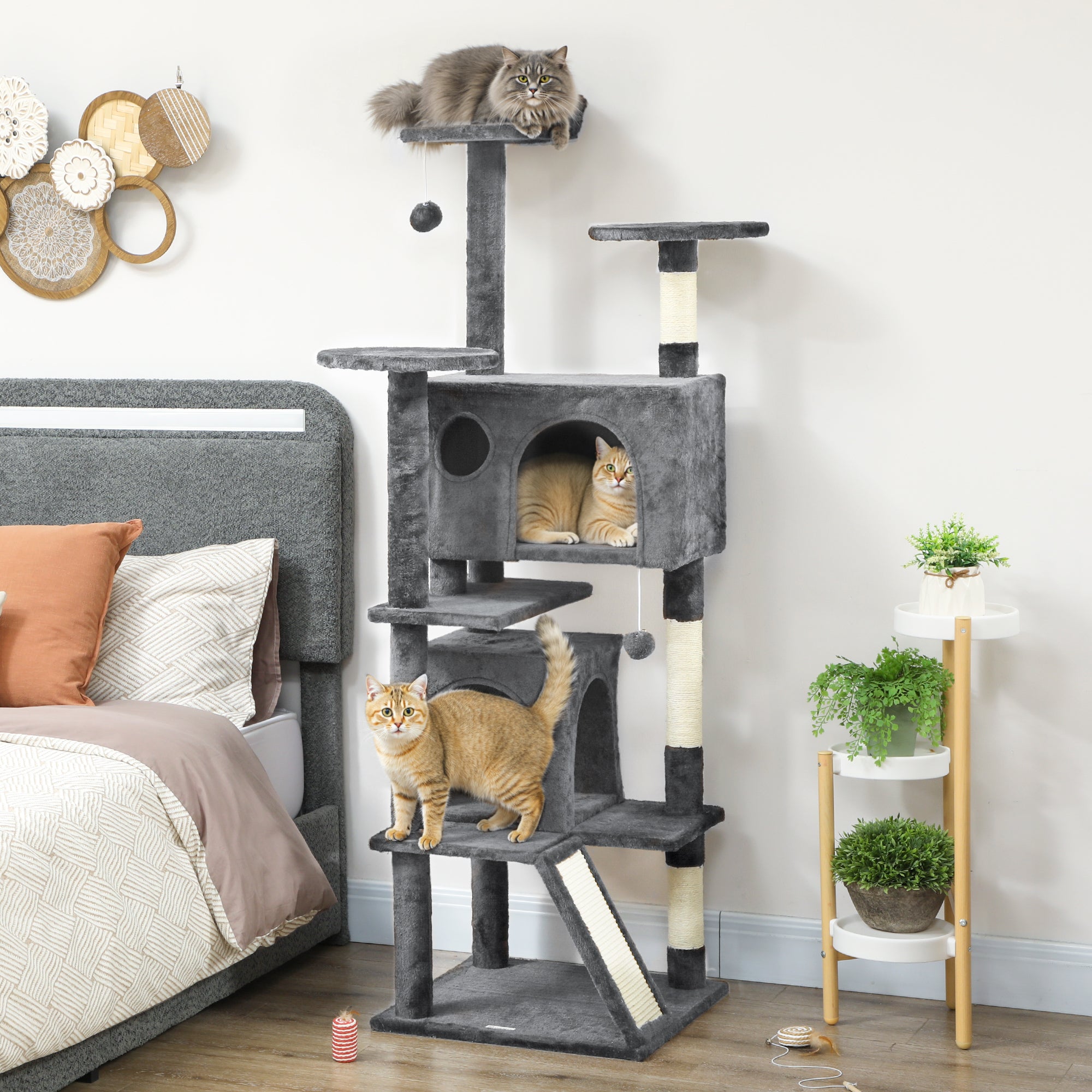 pawhut-arbre-chat-160-cm-avec-2-niches-lit-rampe-et-griffoirs-gris-fonc image 4
