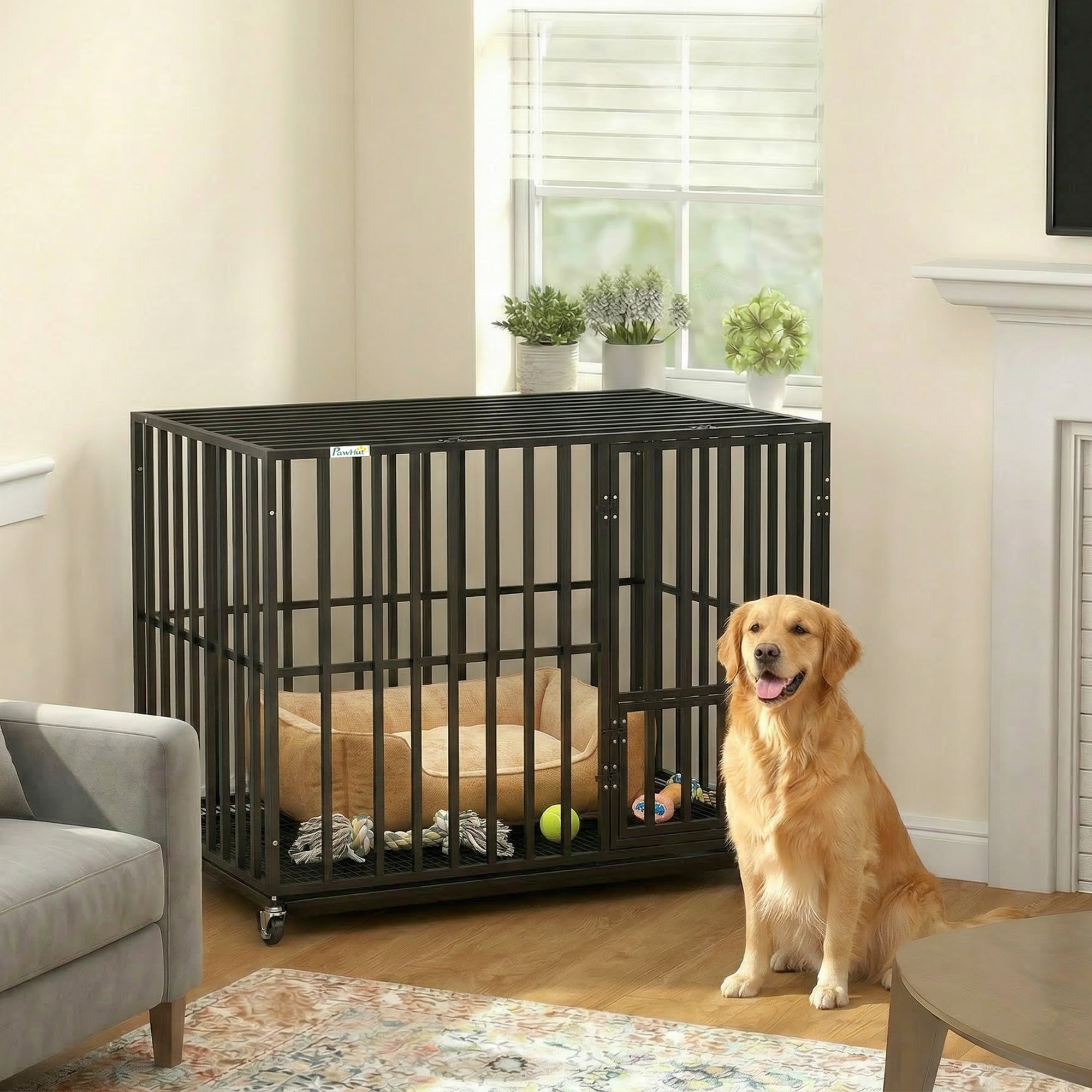 pawhut-cage-chien-robuste-xxl-107-x-69-x-81-cm-avec-roues-noire image 4