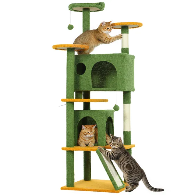 pawhut-arbre-chat-160-cm-avec-niches-lit-rampe-et-griffoirs-vert image 1