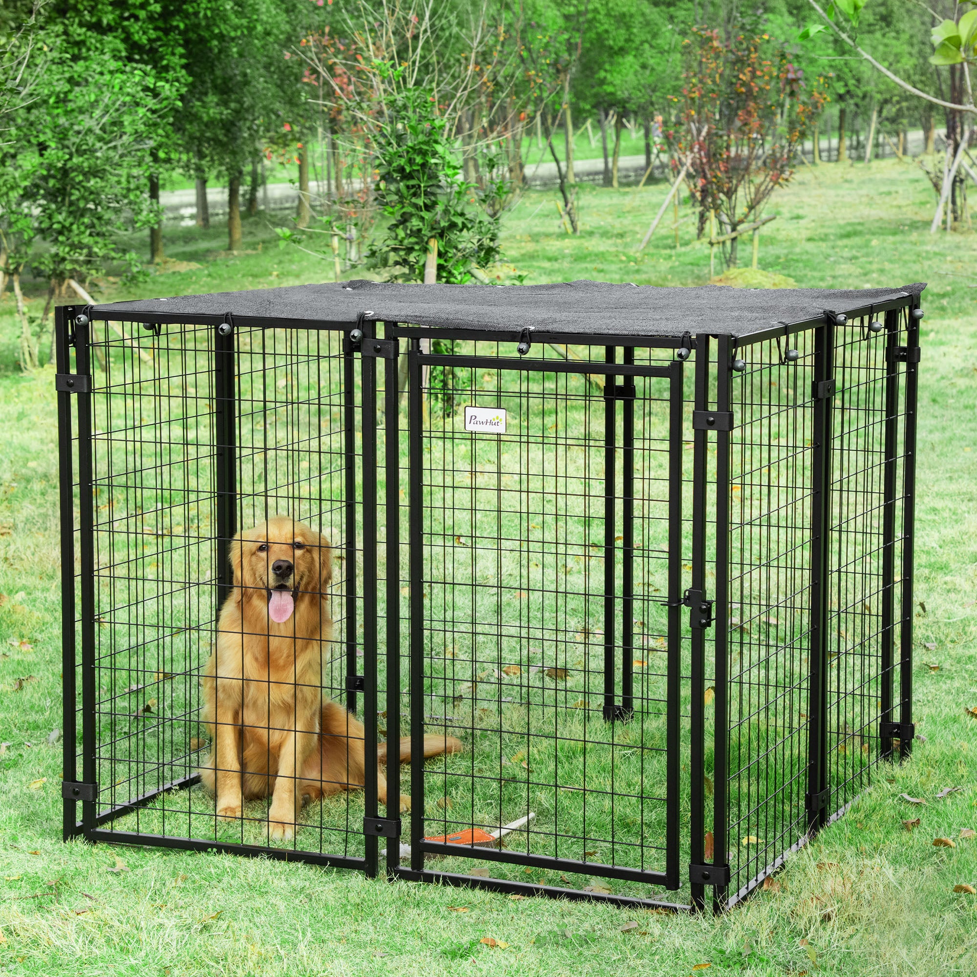pawhut-enclos-chenil-chien-ext-rieur-avec-b-che-et-porte-verrouillable-noir image 3
