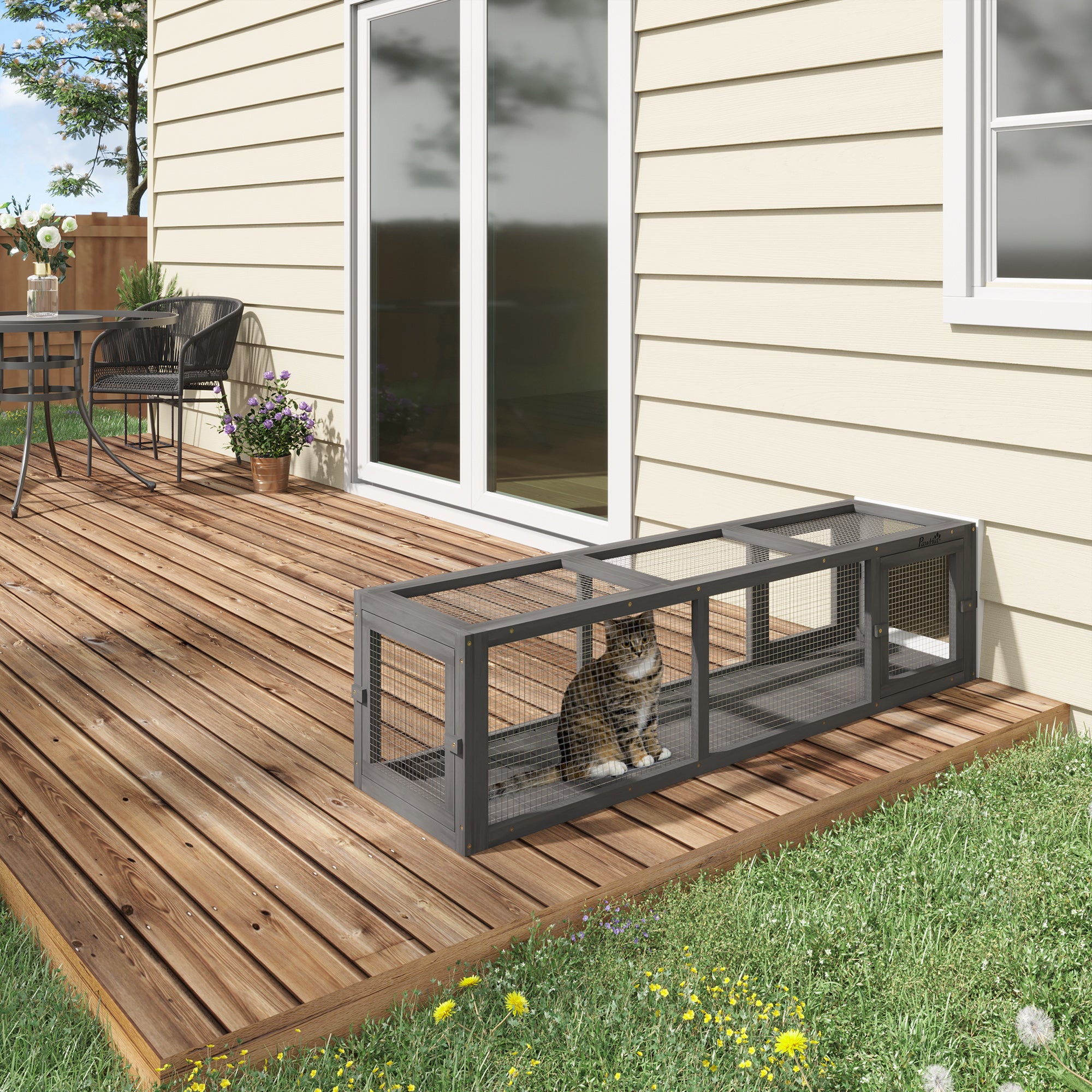 pawhut-tunnel-ext-rieur-pour-chat-59-extensible-avec-cadre-bois-gris image 4