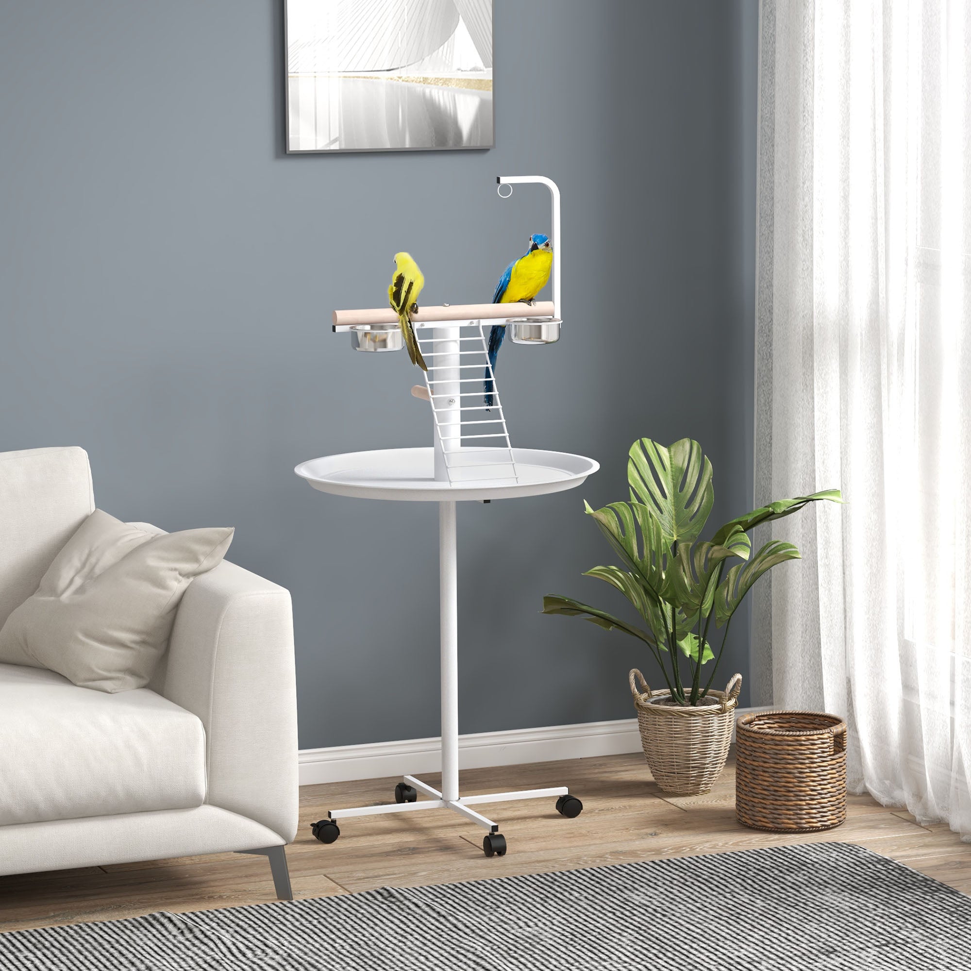 pawhut-perchoir-perroquet-sur-roulettes-avec-perches-et-mangeoires-inox-blanc image 4