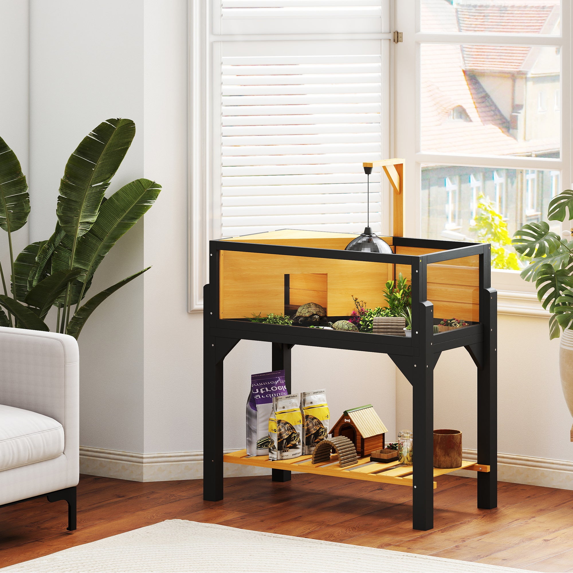 pawhut-habitat-tortue-en-bois-avec-tag-re-toit-ouvert-et-support-lampe-jaune image 3