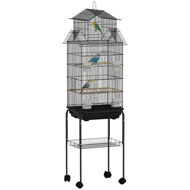 pawhut-cage-oiseaux-mobile-sur-roulettes-avec-perchoirs-43-x-32-5-x-163-cm image 1