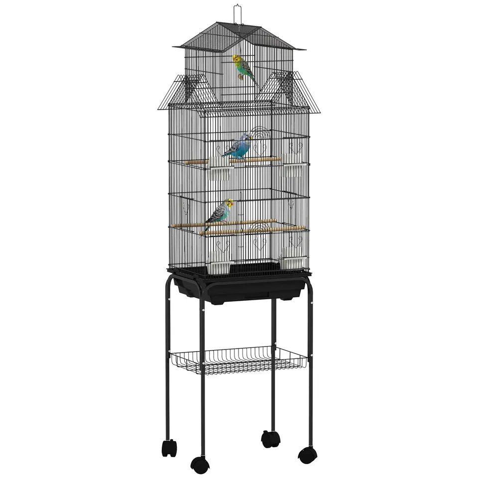 pawhut-cage-oiseaux-mobile-sur-roulettes-avec-perchoirs-43-x-32-5-x-163-cm image 1