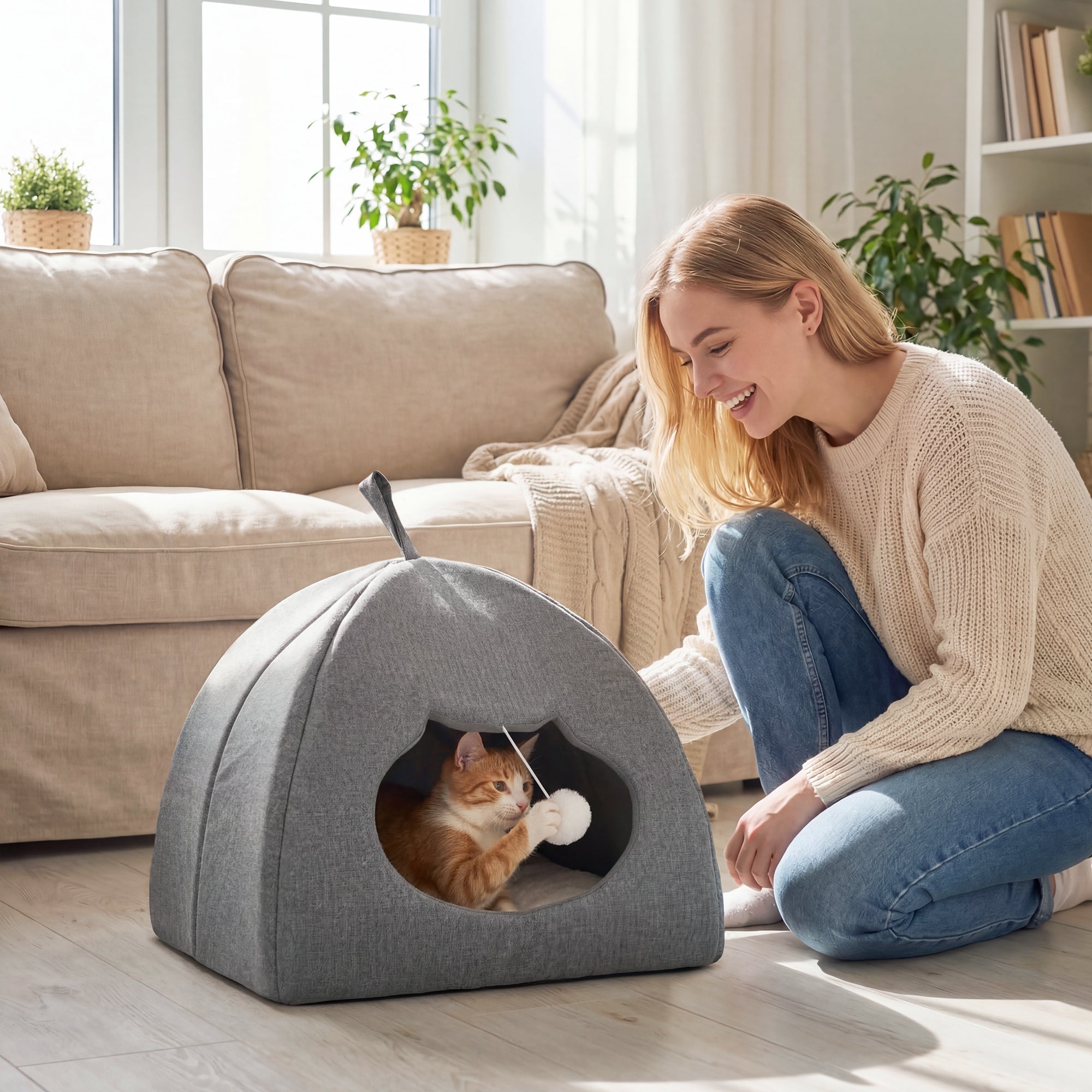 pawhut-niche-grotte-pour-chat-avec-coussin-r-versible-et-balle-42x42x39-cm-gris image 3