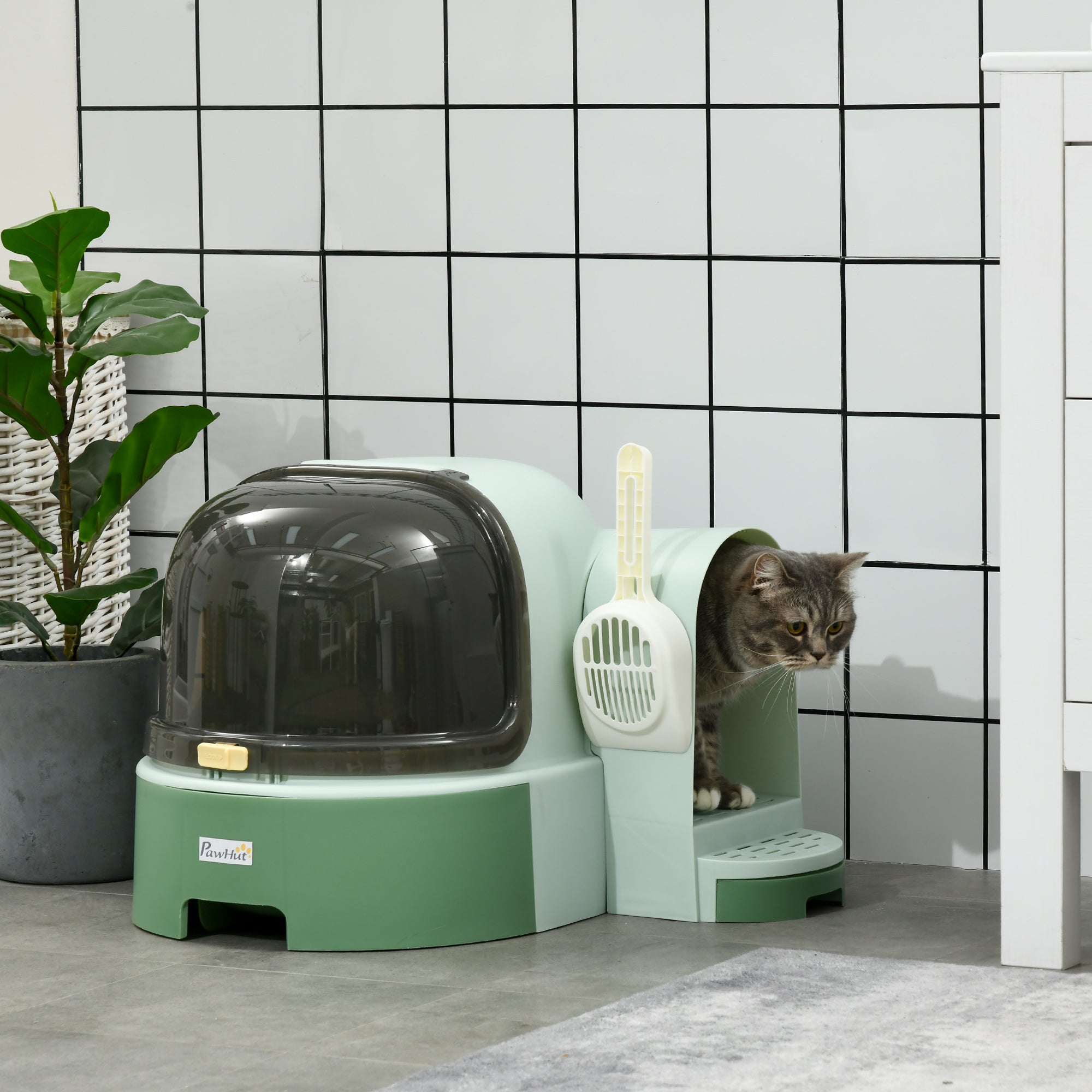 pawhut-bac-liti-re-couvert-vert-avec-couvercle-ouvrable-porte-lat-rale-et-pelle image 4