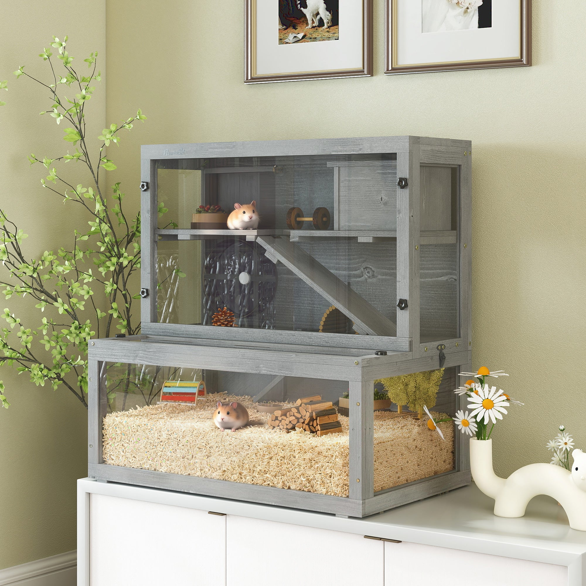 pawhut-cage-hamster-3-niveaux-bois-de-sapin-panneau-transparent-gris image 3