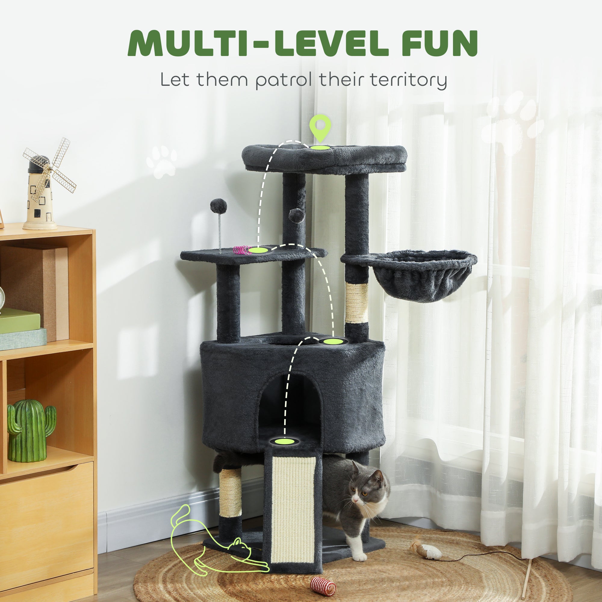 pawhut-arbre-chat-47-pouces-avec-niche-hamac-lit-et-chelle-gris-fonc image 6