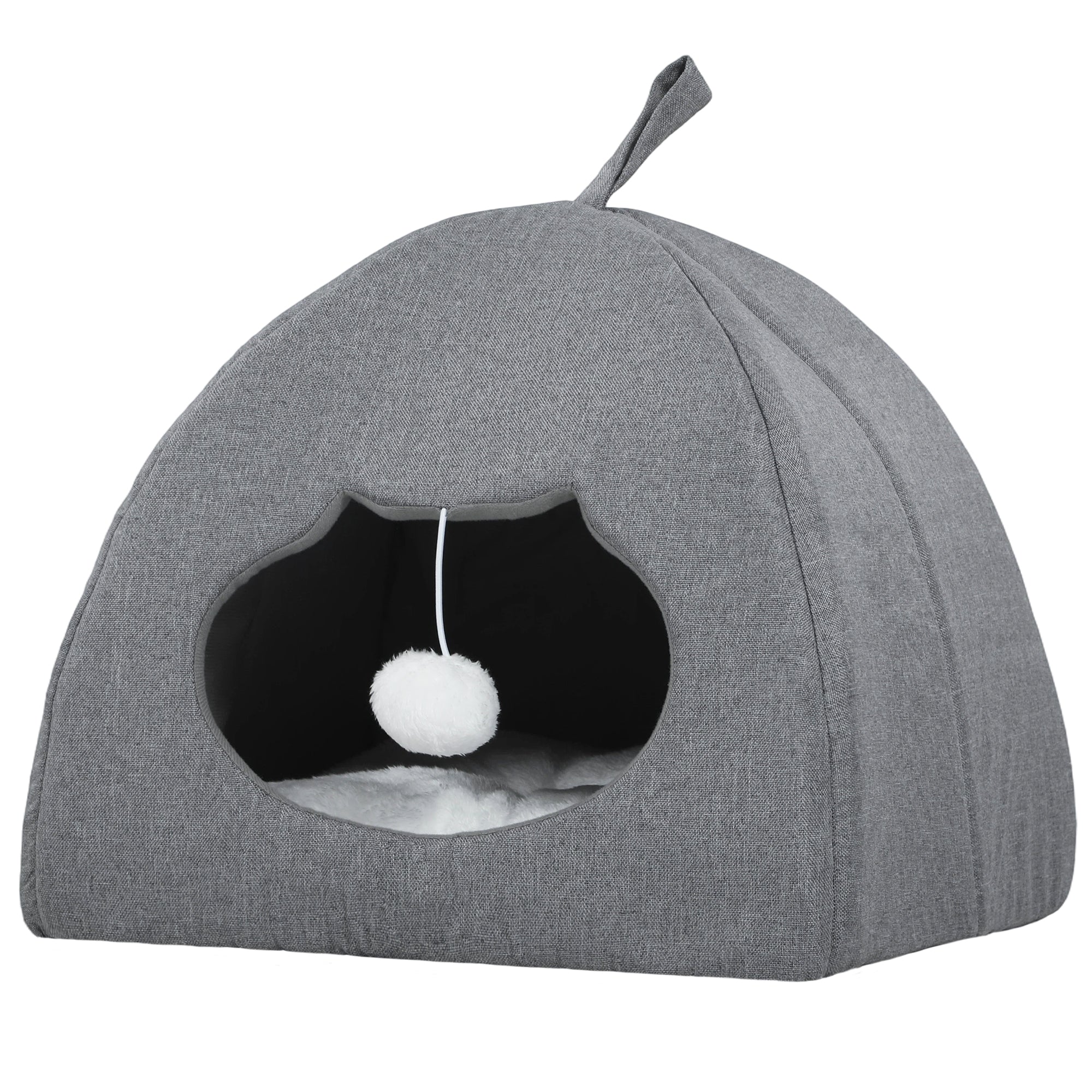 pawhut-niche-grotte-pour-chat-avec-coussin-r-versible-et-balle-42x42x39-cm-gris image 2