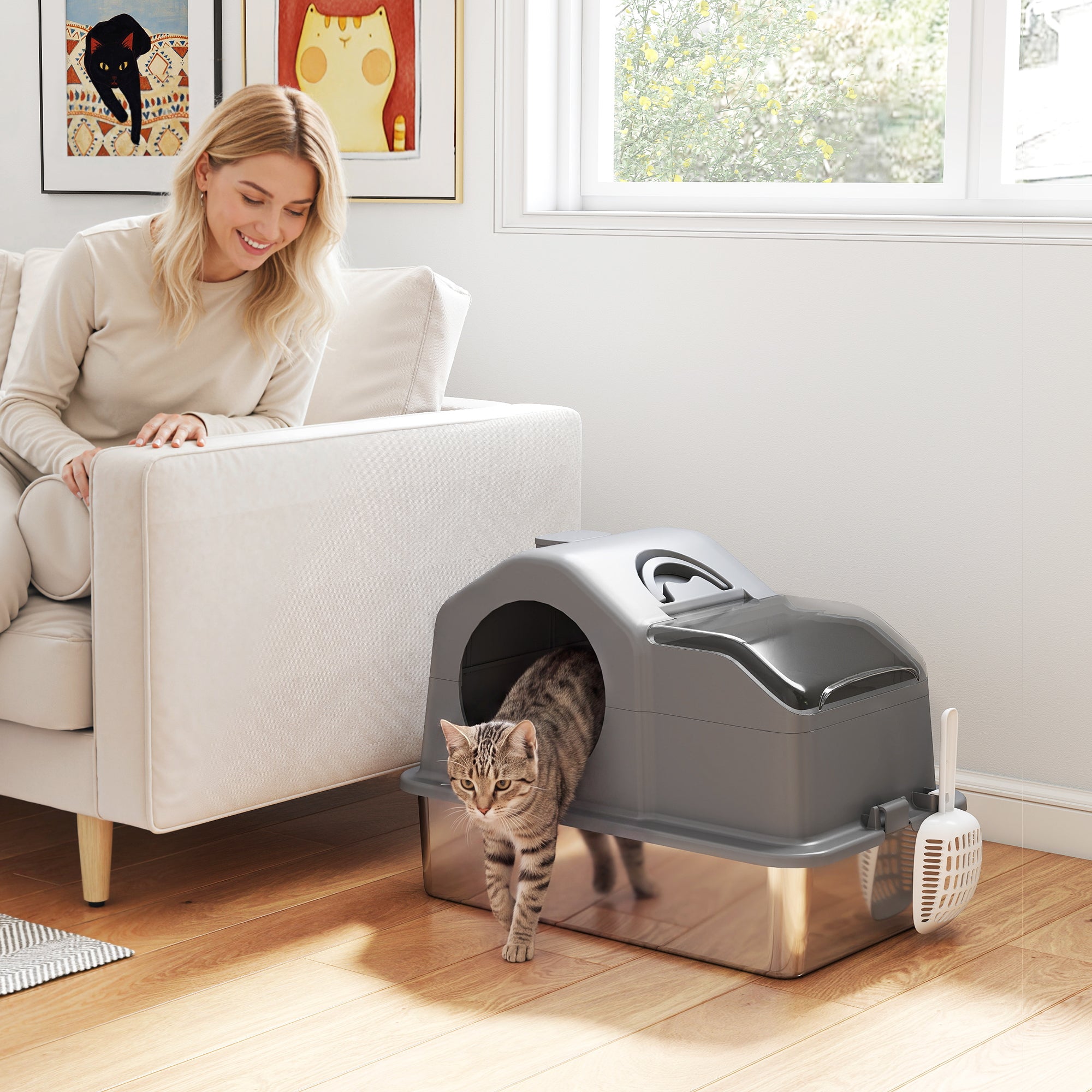 pawhut-bac-liti-re-chat-xxl-ferm-inox-avec-couvercle-gris-fonc image 3