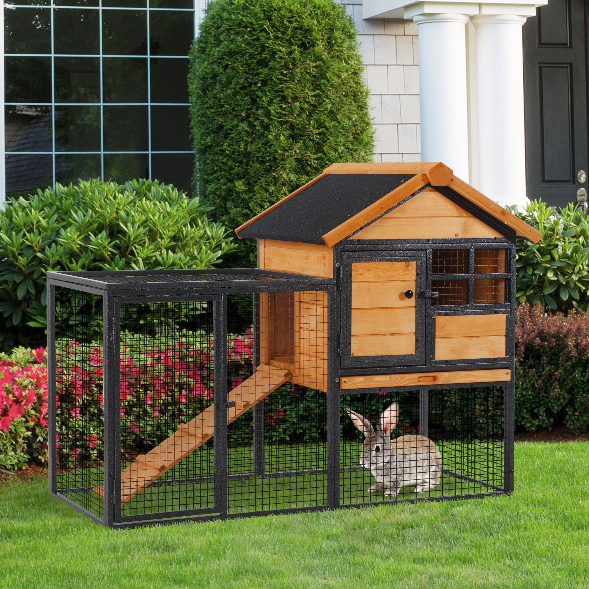 pawhut-clapier-lapin-2-niveaux-48-avec-enclos-bois image 4