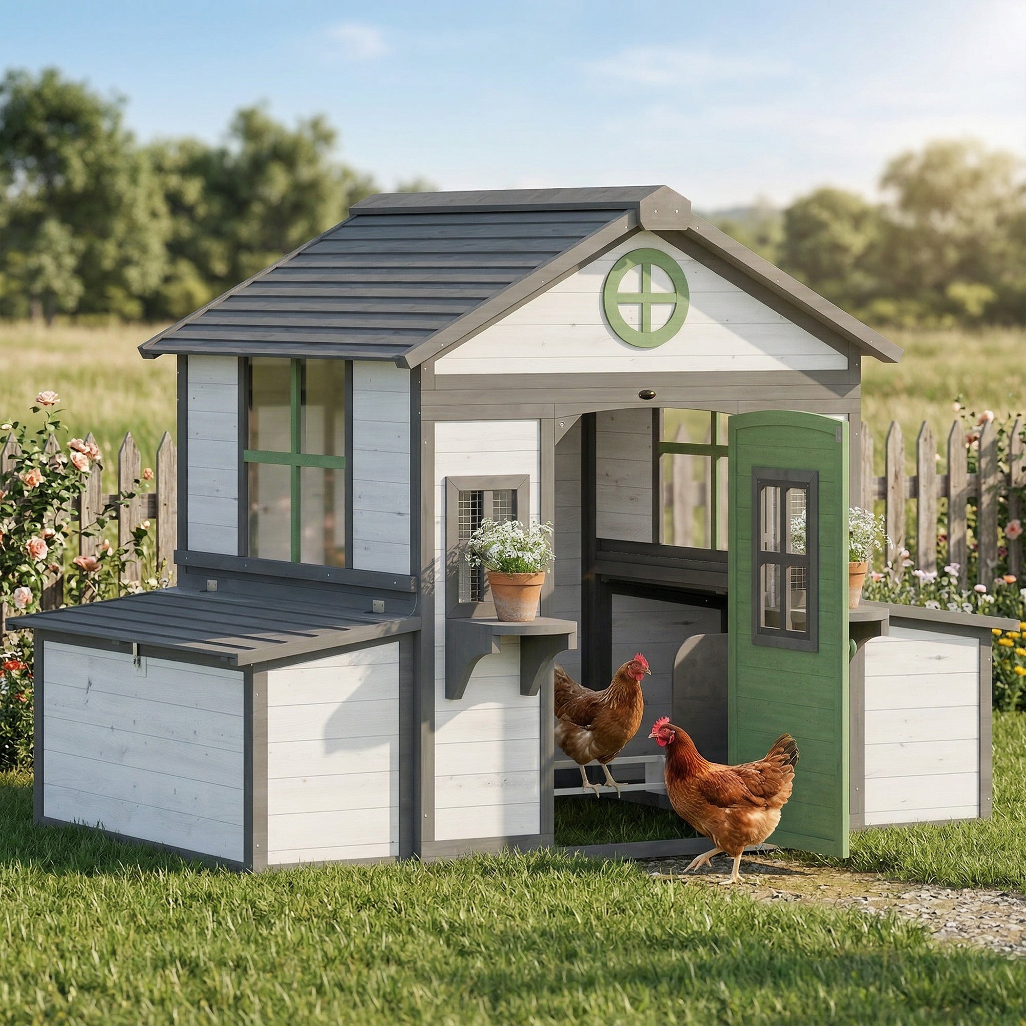 pawhut-poulailler-bois-182-x-126-x-136-cm-pour-2-4-poules-avec-2-pondoirs-blanc image 4