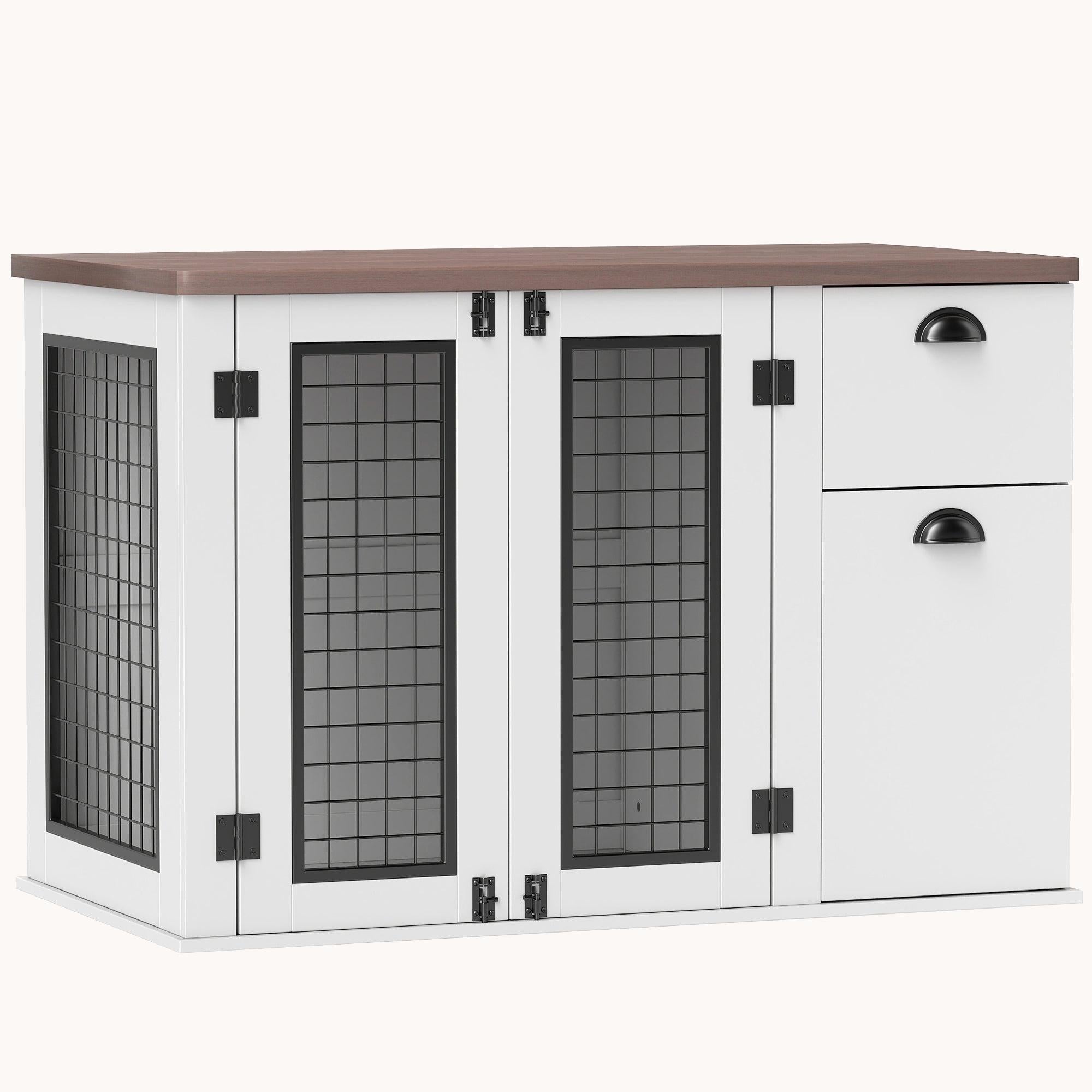 pawhut-niche-chien-d-int-rieur-blanche-double-porte-avec-tiroir-pour-chiens-moye image 1