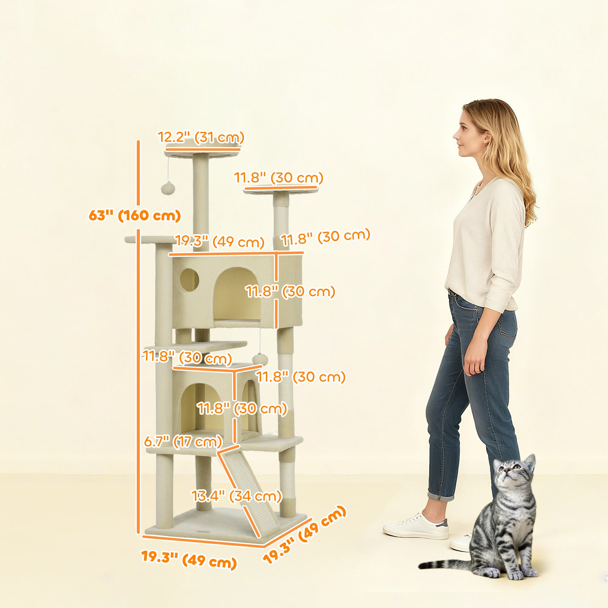 pawhut-arbre-chat-160-cm-blanc-cr-me-avec-condos-rampe-et-griffoirs image 5